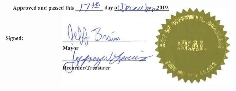 Approved and passed this 17th day of December 2019. signed by Mayor Jeff Braim and Recorder/Treasure Jeffrey Lewis