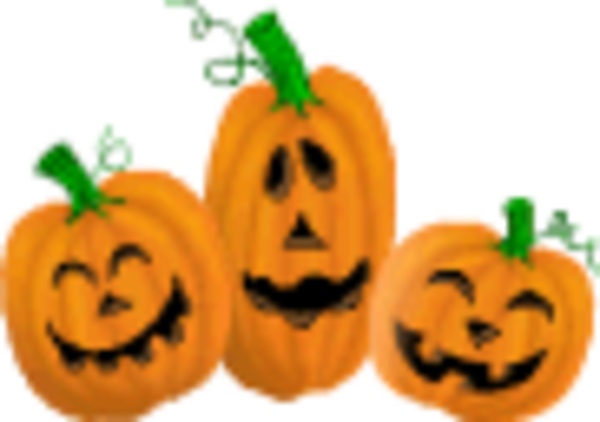 Three smiling cartoon jack o lanterns.