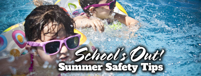 School's Out Summer Safety Tips - Children wearing sunglasses swimming in a pool