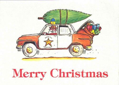 Merry Christmas - A sheriff Santa driving a police car with a Christmas tree on top and Santa's gift bag bursting out of the trunk full of presents.