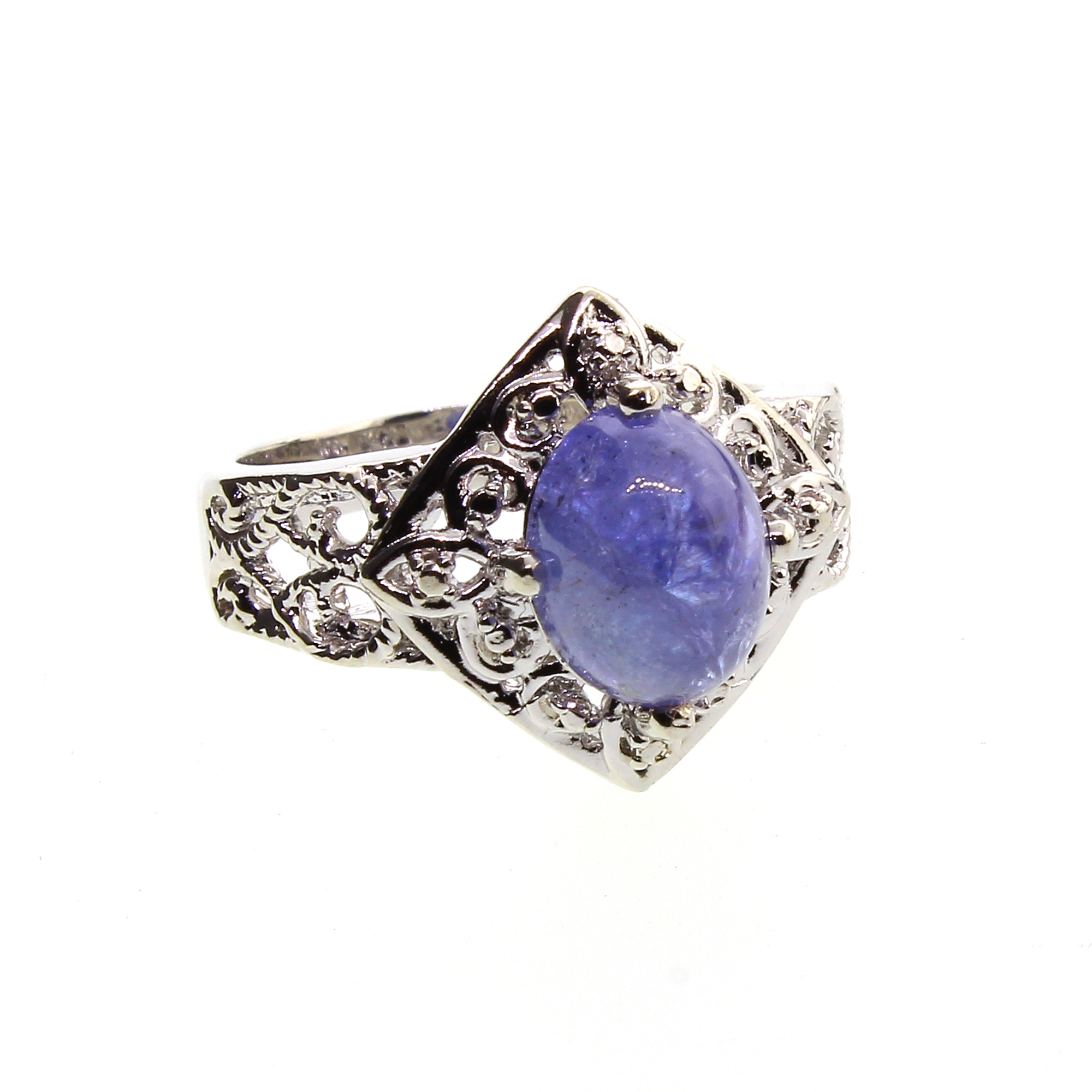 2.80CT Oval Cut Cabochon Tanzanite And Platinum Over Sterling Silver Ring