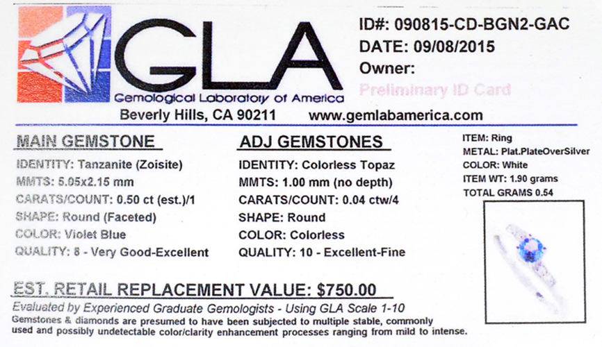 0.50CT Round Cut Violet Blue Tanzanite And Colorless Topaz Platinum Over Sterling Silver Ring - Image 2