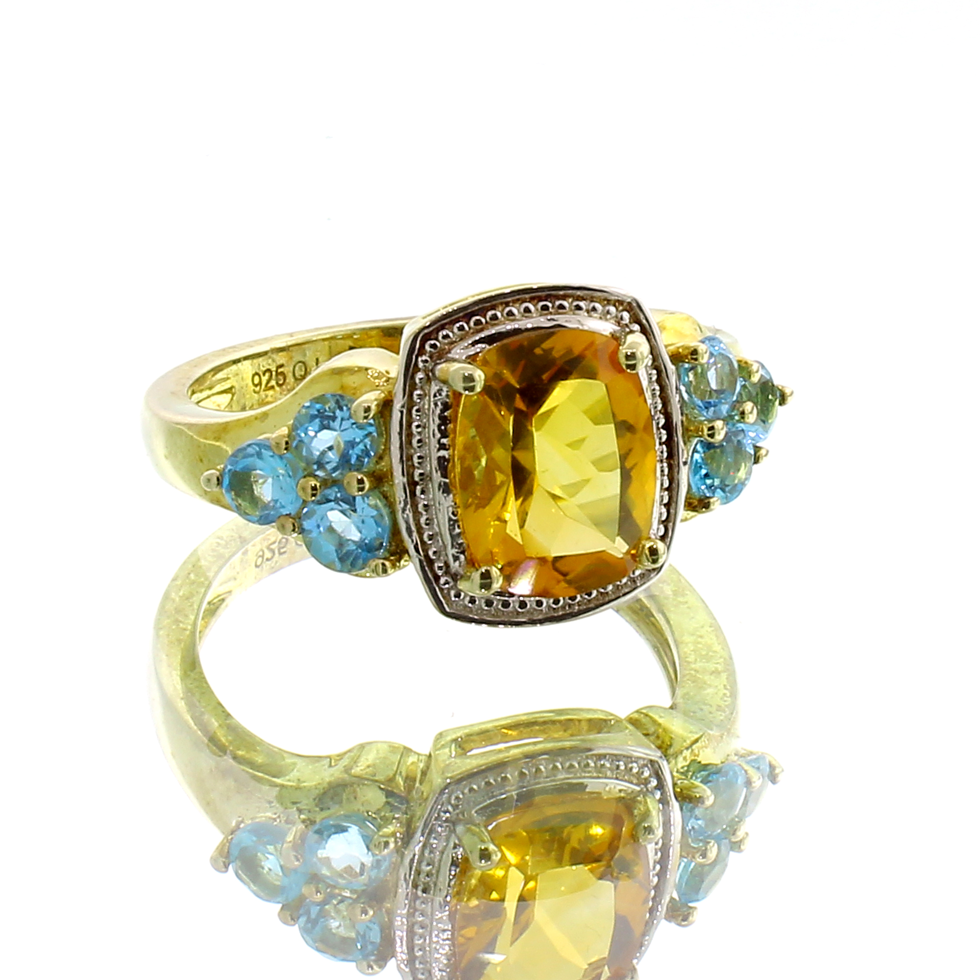 14K Yellow Gold Plated 2.37CT Madeira Citrine and Blue Topaz Sterling Silver Ring