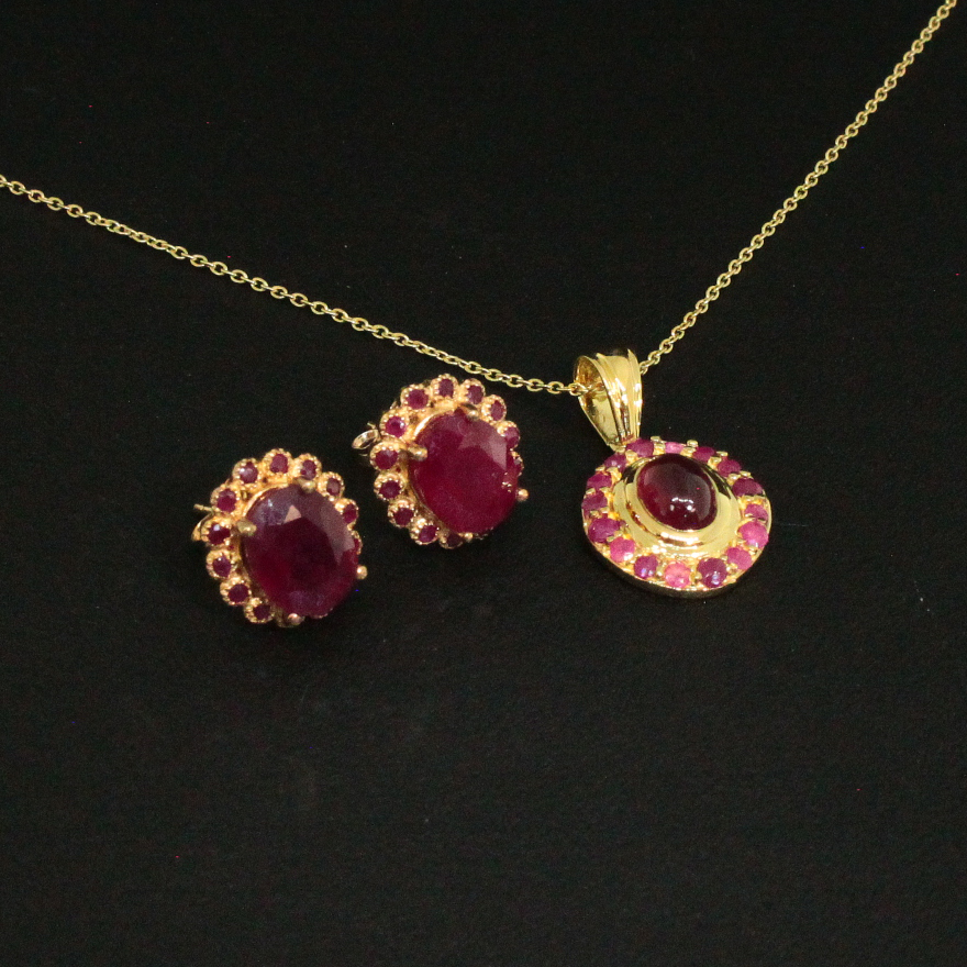 Ruby Earrings and Pendant Sterling Silver Collection