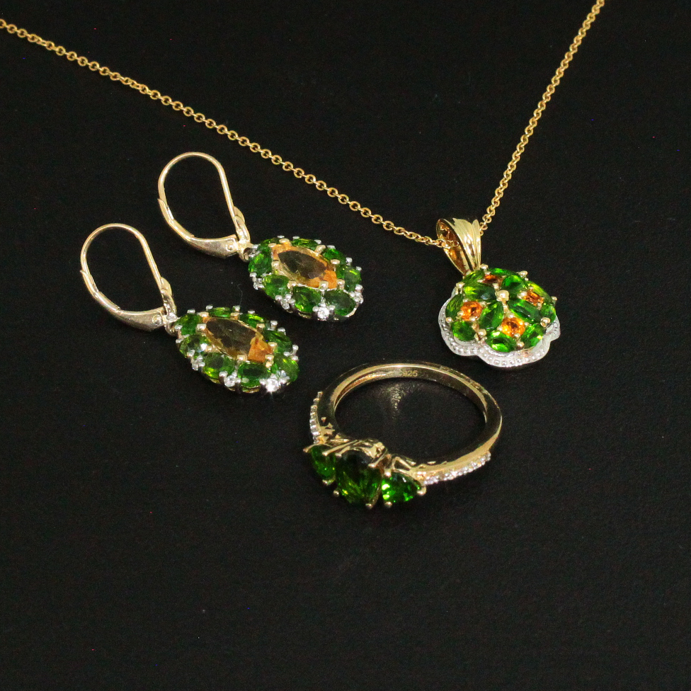 Chrome Diopside Ring size 7, Multi Gemstone Earrings and Pendant Sterling Silver Collection