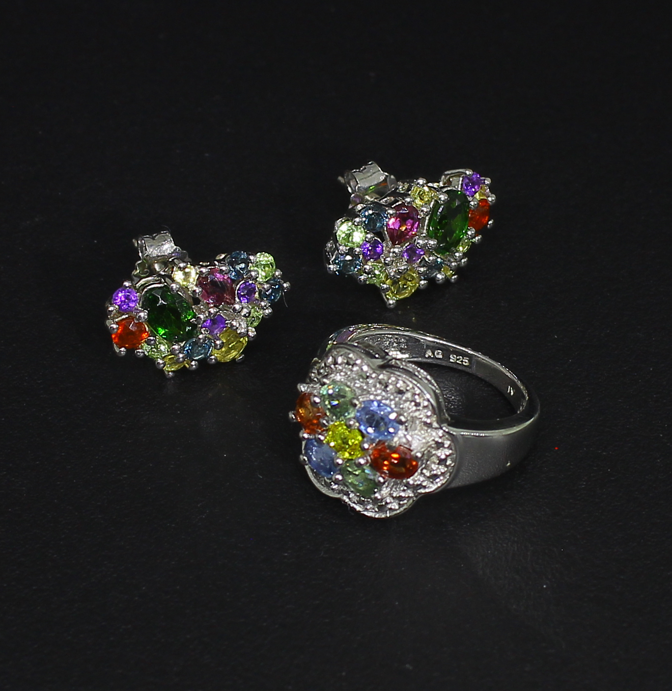 Multi Gemstone Ring size 5 and Earrings Sterling Silver Collection