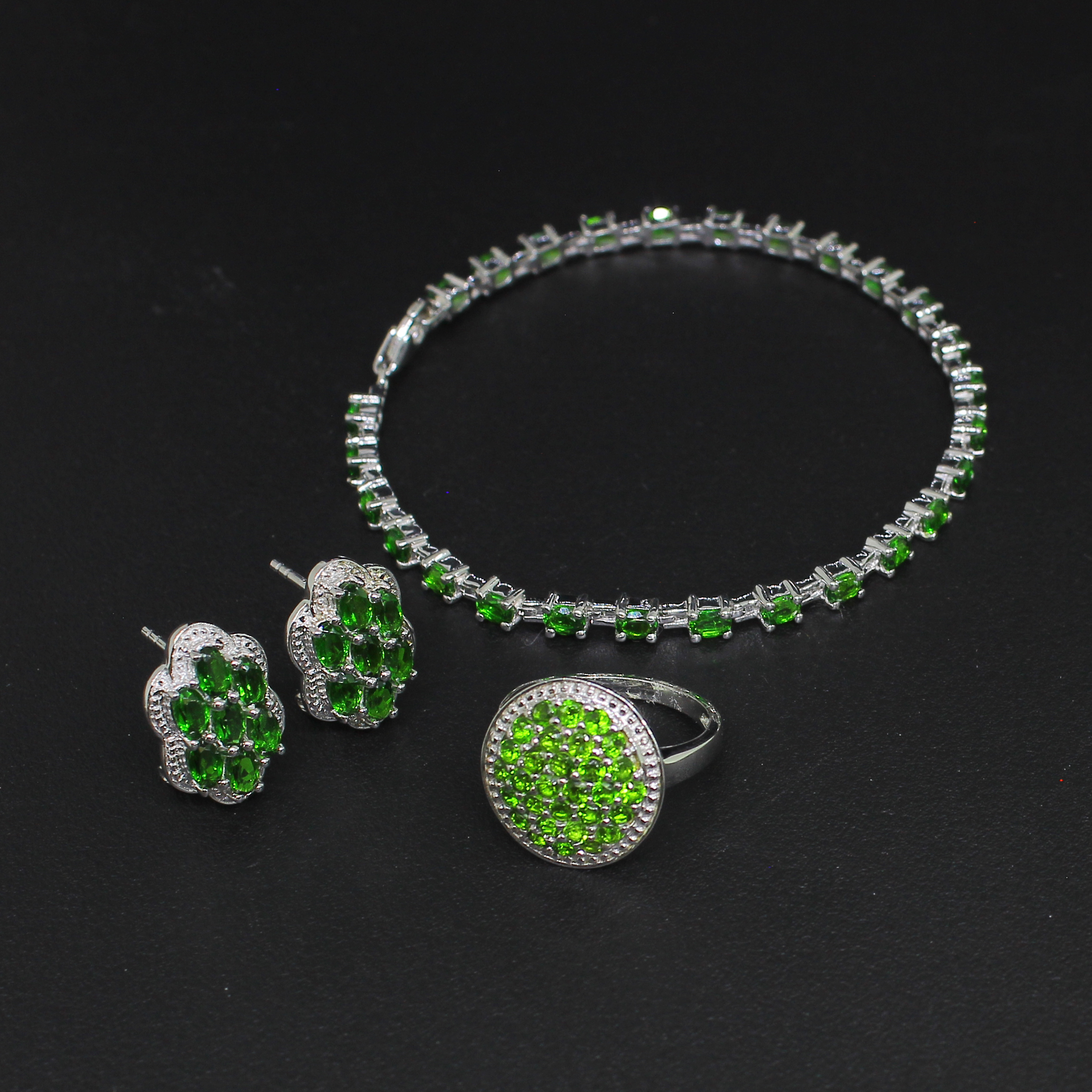 Chrome Diopside Ring size 7, Earrings, and Bracelet Sterling Silver Collection