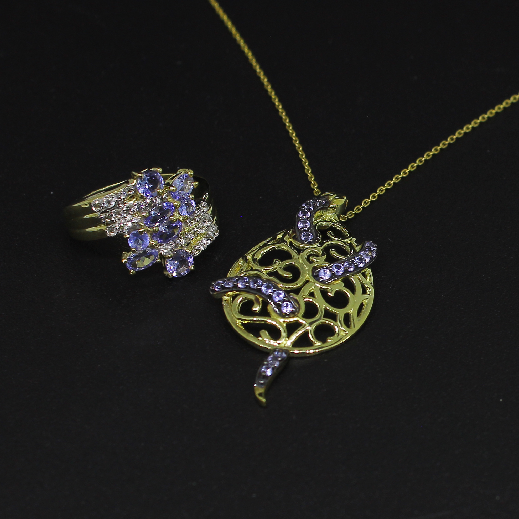 Tanzanite/White Topaz Ring Size 8 and Pendant Sterling Silver Collection