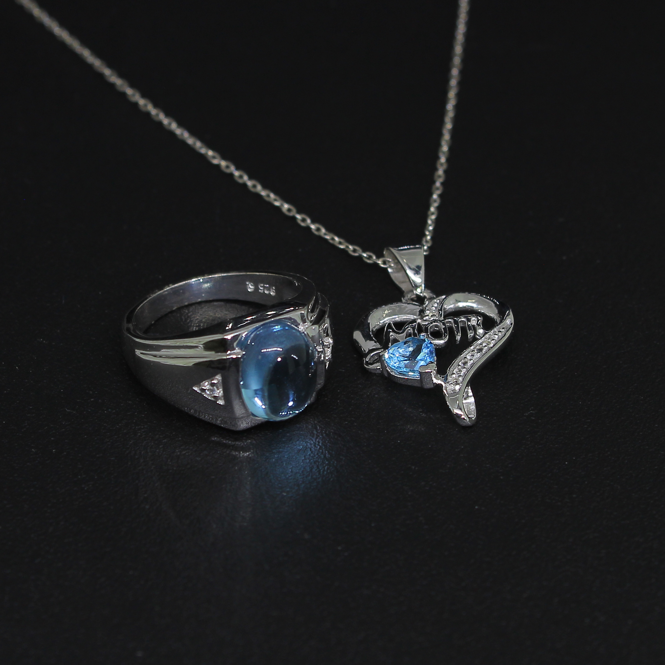 Blue Topaz Ring Size 6 and Pendant Sterling Silver Collection
