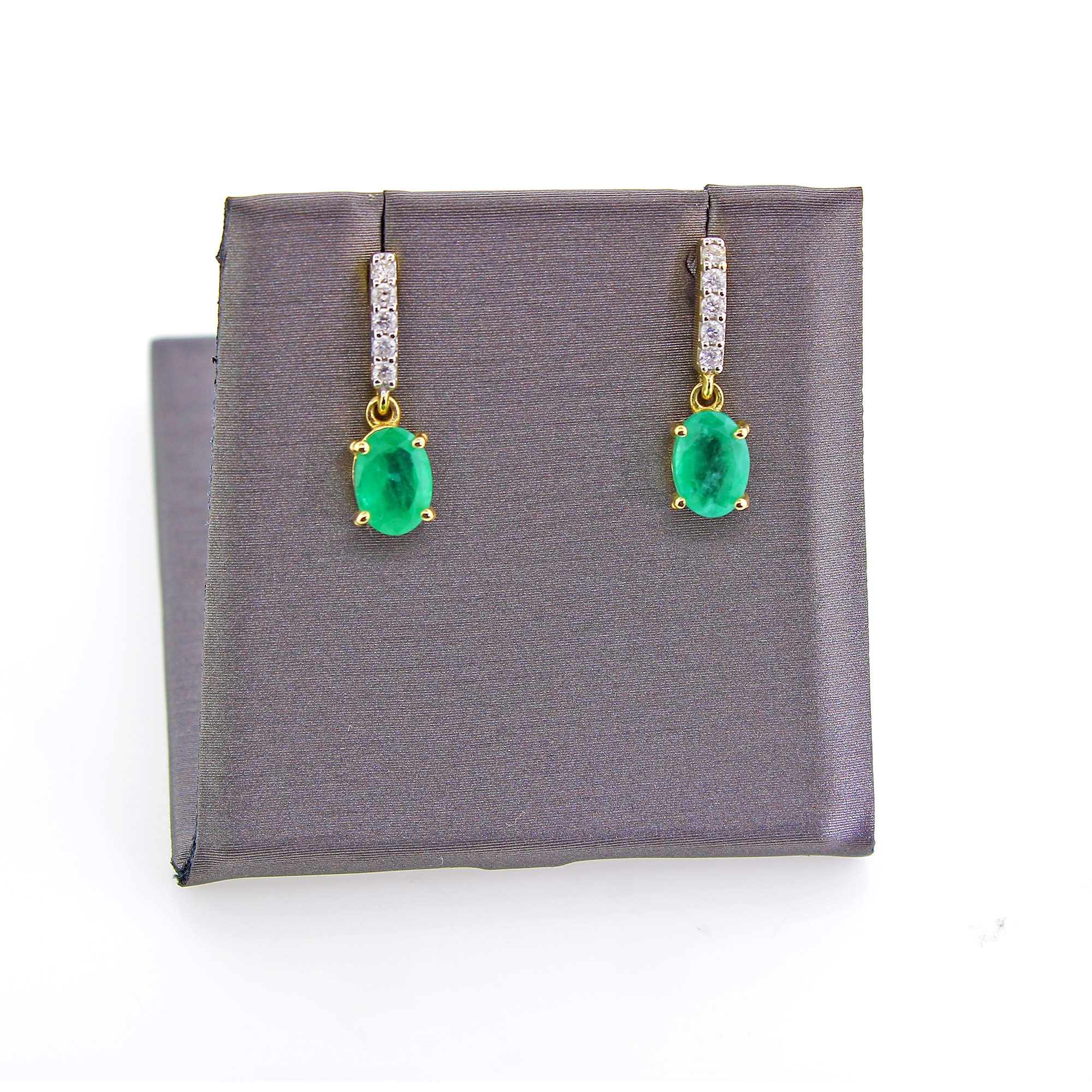 14K Yellow Gold Earrings 1.12 Carat Zambian Emerald Oval Cut with White Diamond  0.14ct - Image 3