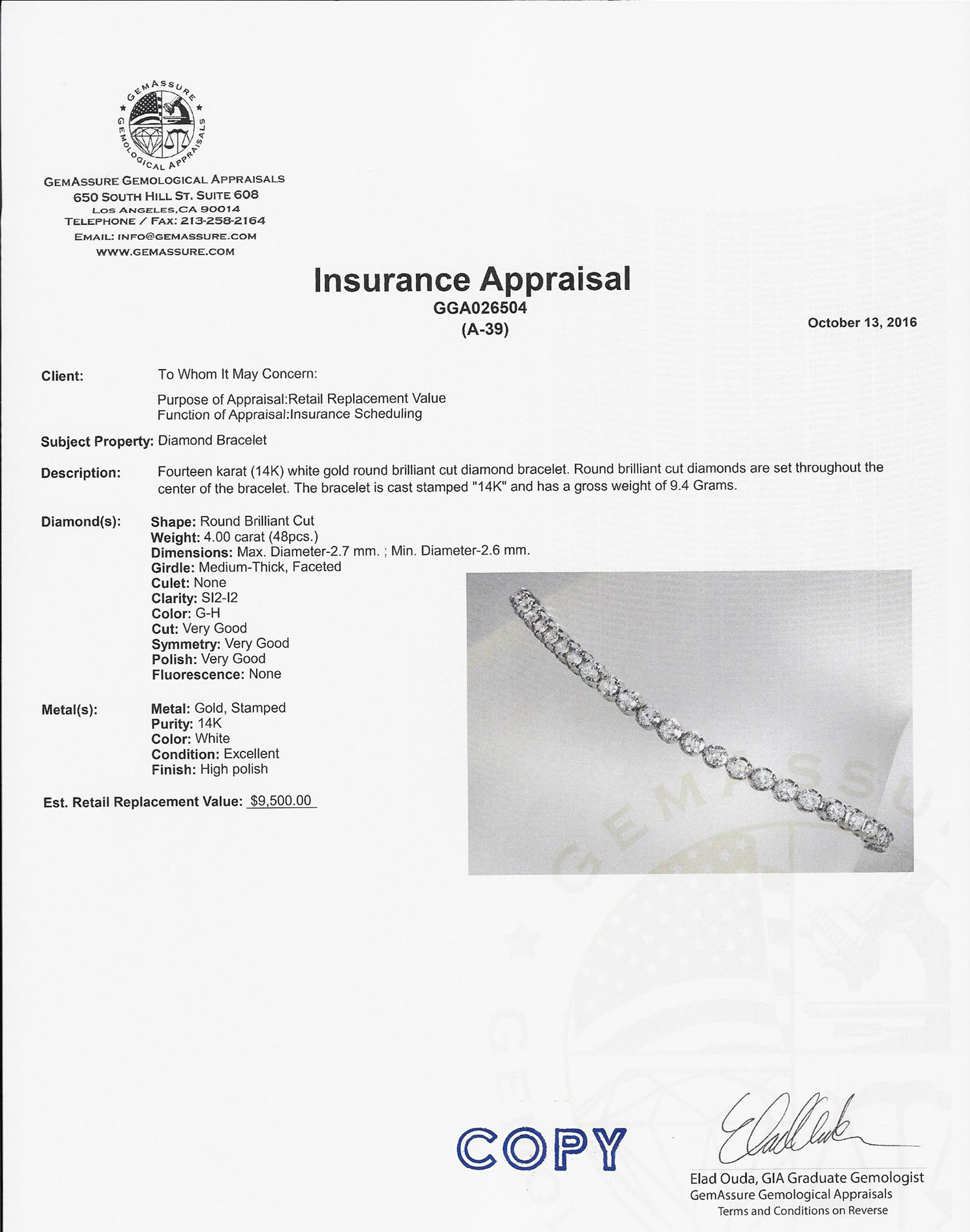 Custom Made Brand New 4.00CT Round Brilliant Cut Diamond Tennis Bracelet in Beautiful 14KT White Gold! (VGN A-39) - Image 3