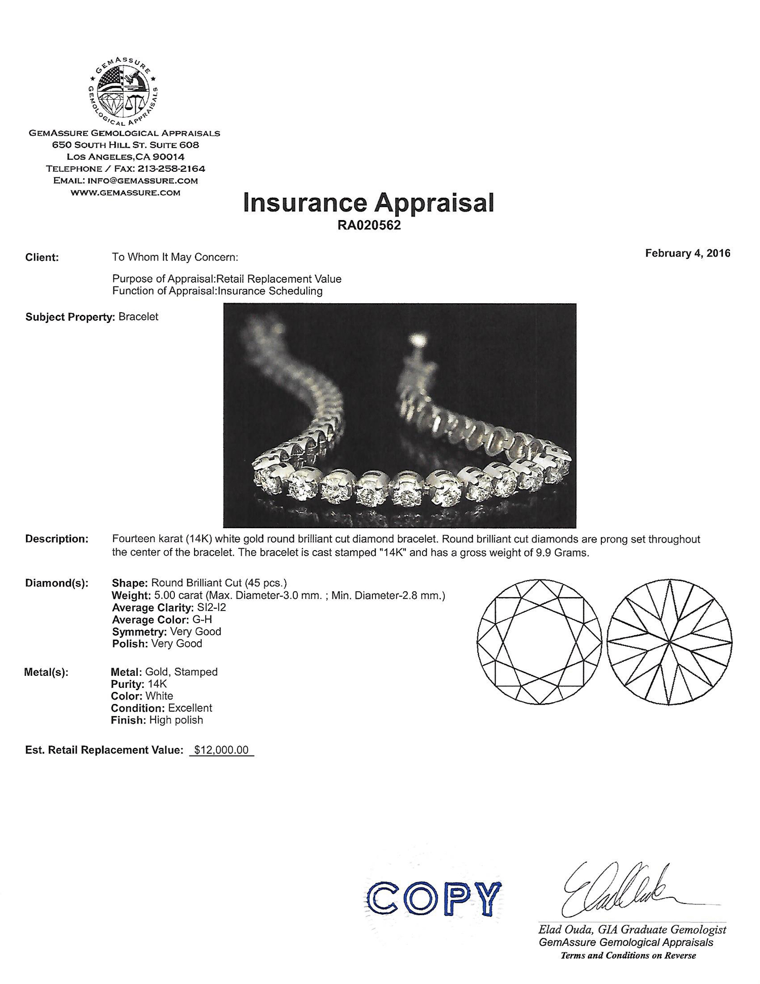 Brand New 5.00ct Diamond Tennis Bracelet in 14KT White Gold Custom Setting! Round Brilliant Cut Hand Selected High Quality with Great Value! (VGN A-40) - Image 3