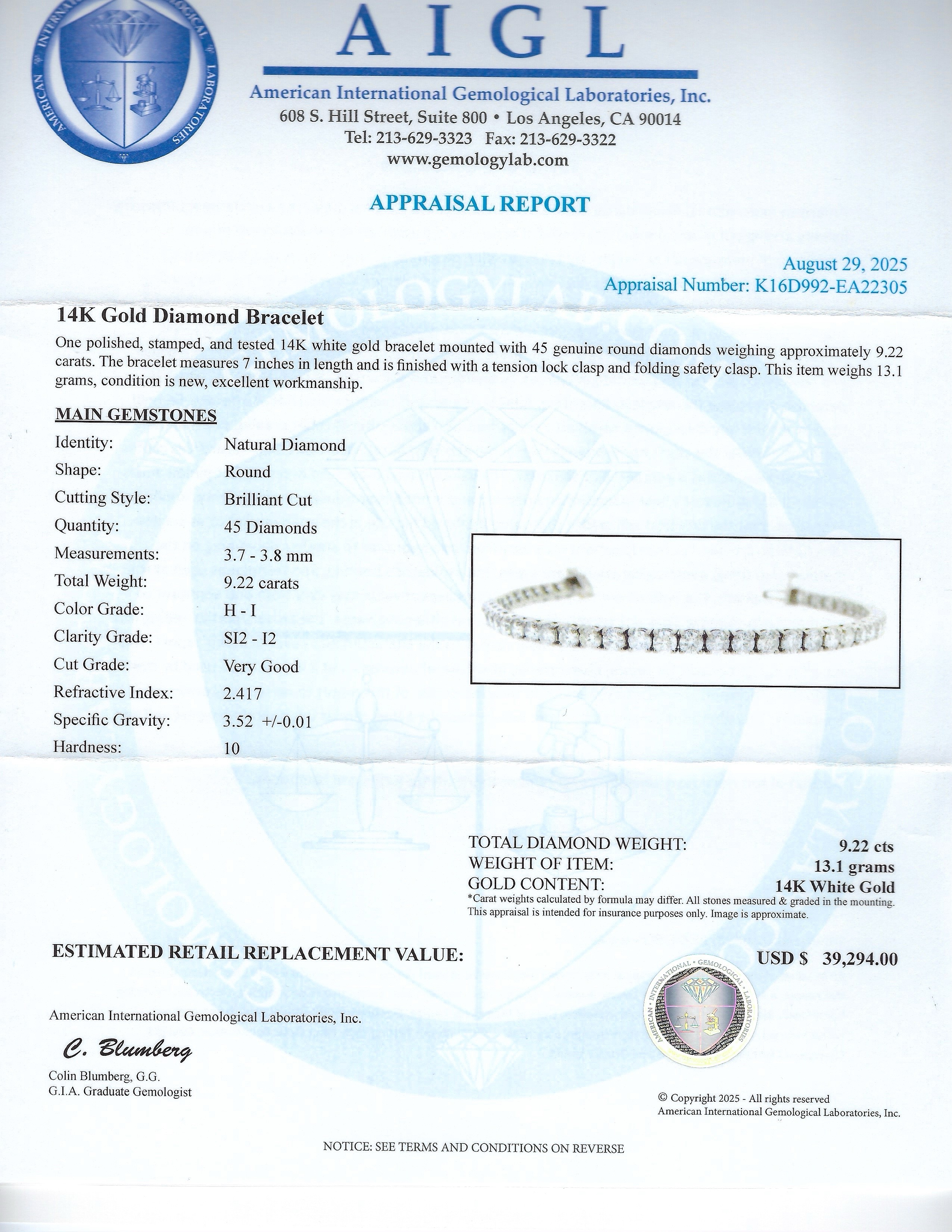 9.22ctw H to I COLOR SI2 to I2 CLARITY Diamond 14K White Gold Tennis Bracelet (Vault_R65) - Image 4