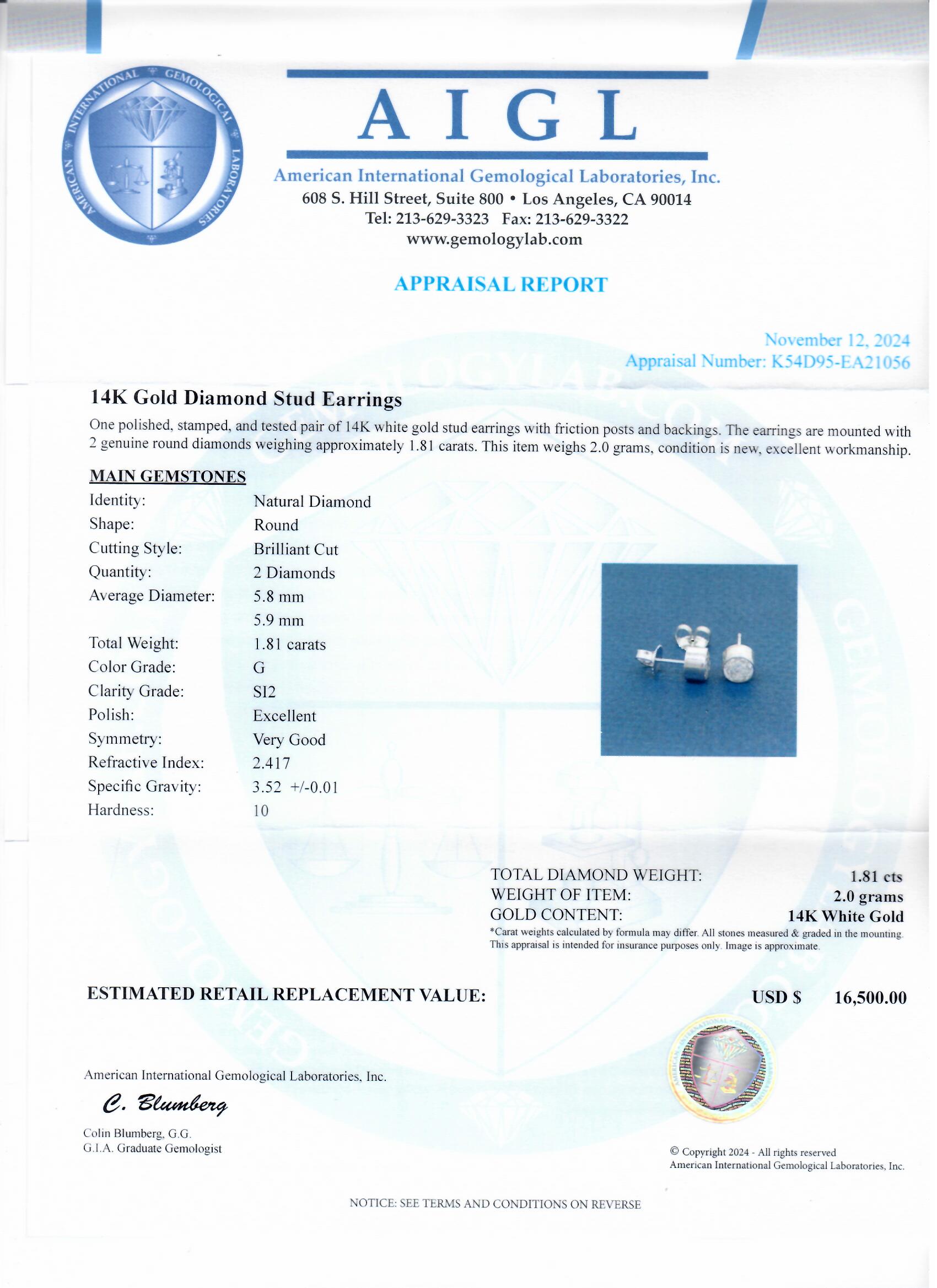 1.81ctw G COLOR SI2 CLARITY Diamond 14K White Gold Stud Earrings (Vault_R65) - Image 4