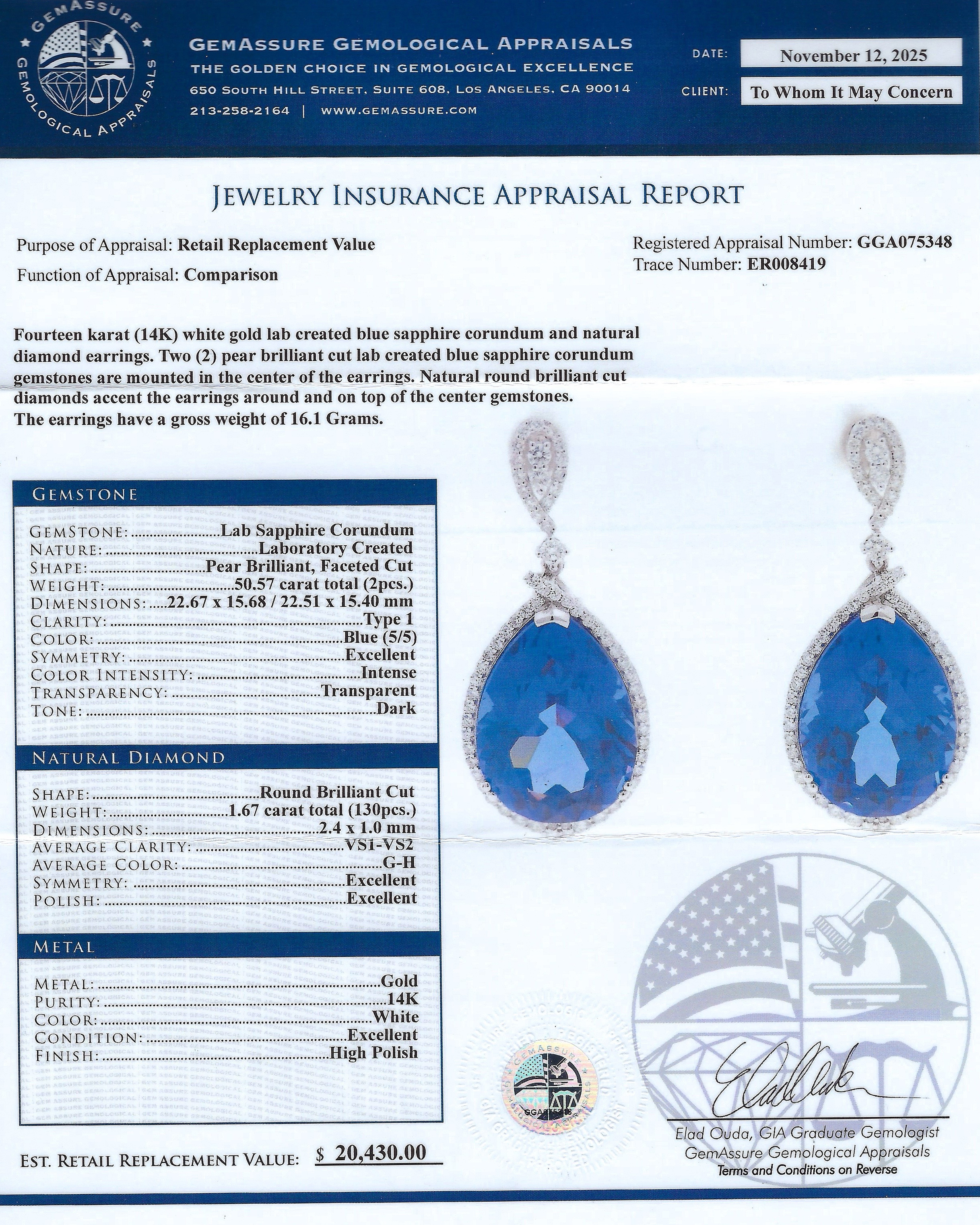 50.57ctw Blue Sapphire and 1.67ctw Diamond 14K White Gold Earrings (LAB GROWN) (Vault_R65) - Image 4