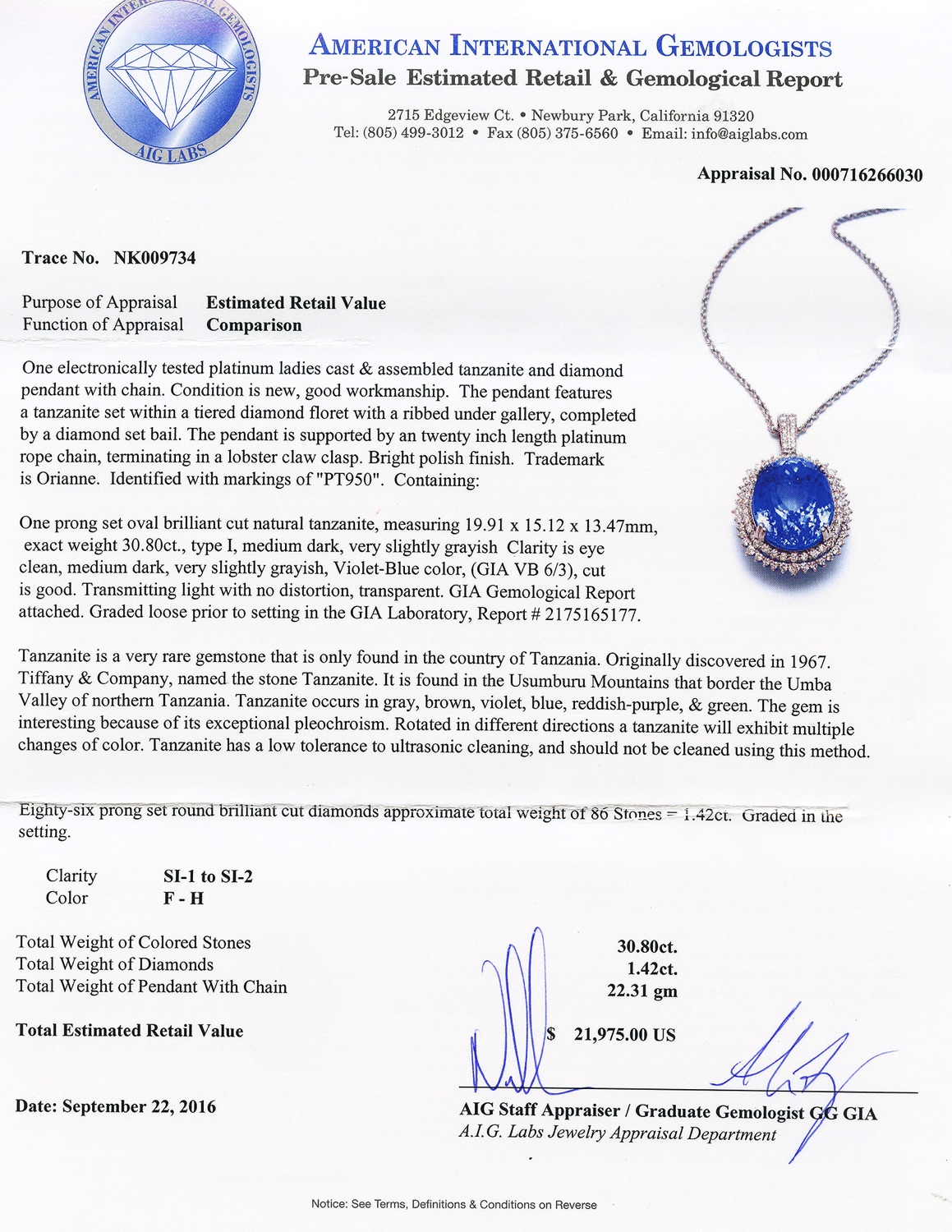 30.80ct Tanzanite and 1.42ctw Diamond Platinum Pendant (GIA CERTIFIED) (Vault_R65) - Image 4