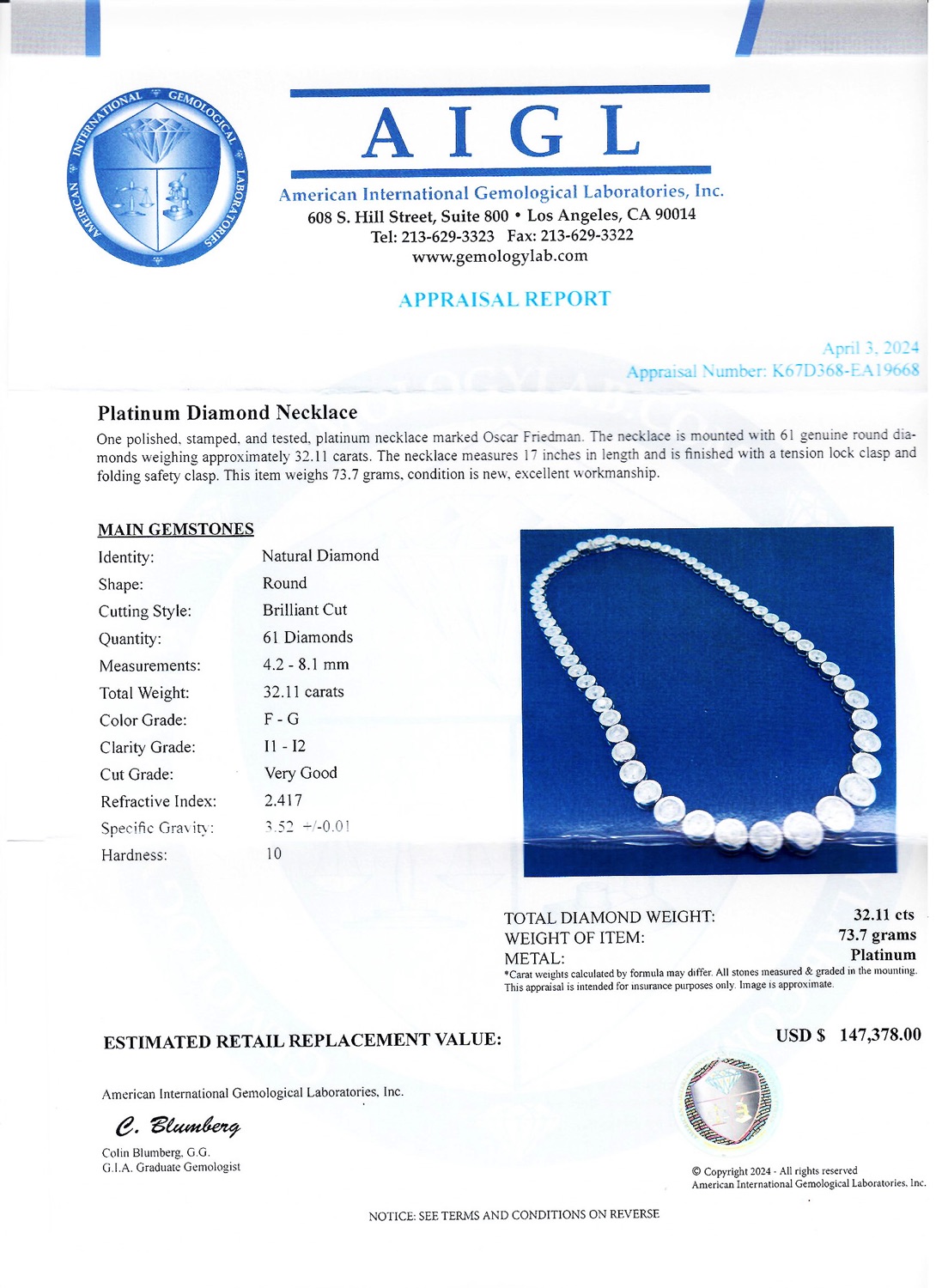 32.11ctw F to G COLOR I1 to I2 CLARITY Diamond Platinum Tennis Necklace (Vault_R65) - Image 4