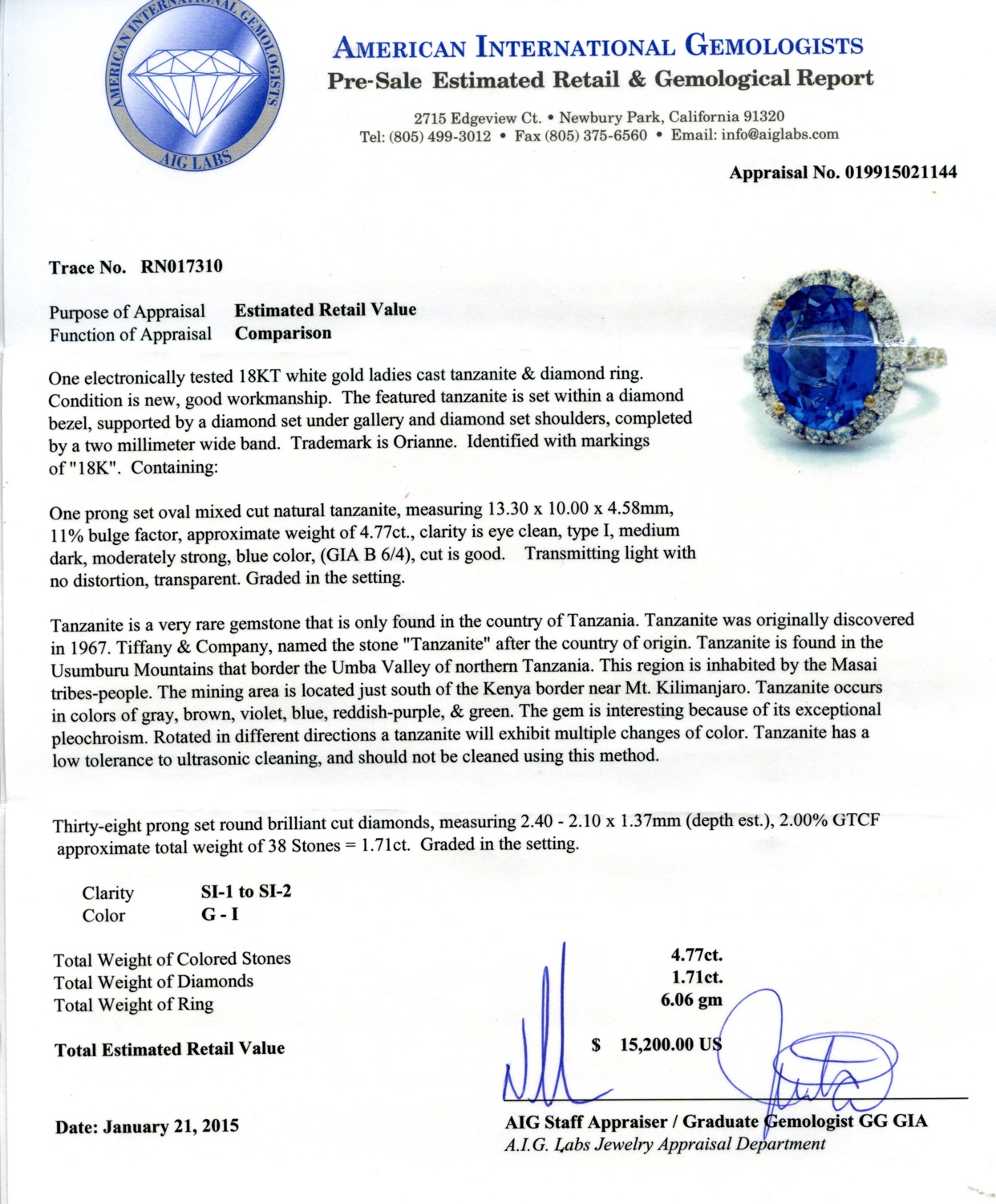 4.77ct Tanzanite and 1.71ctw Diamond 18K White Gold Ring (Vault_R65) - Image 4