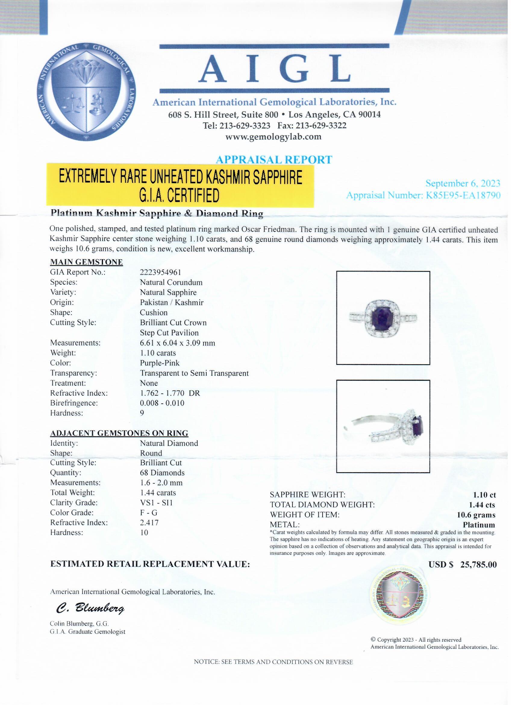 1.10ct UNHEATED Purple Pink KASHMIR Sapphire and 1.44ctw Diamond Platinum Ring (GIA CERTIFIED) (Vault_R65) - Image 4