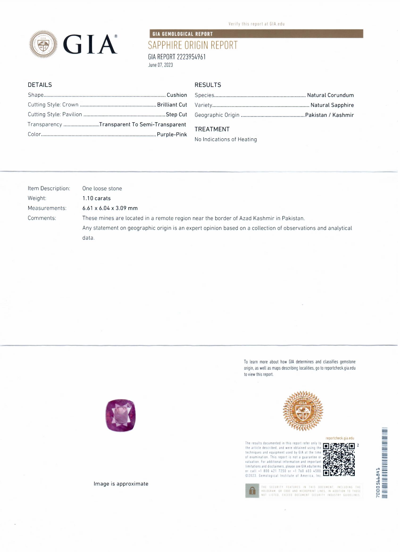 1.10ct UNHEATED Purple Pink KASHMIR Sapphire and 1.44ctw Diamond Platinum Ring (GIA CERTIFIED) (Vault_R65) - Image 5