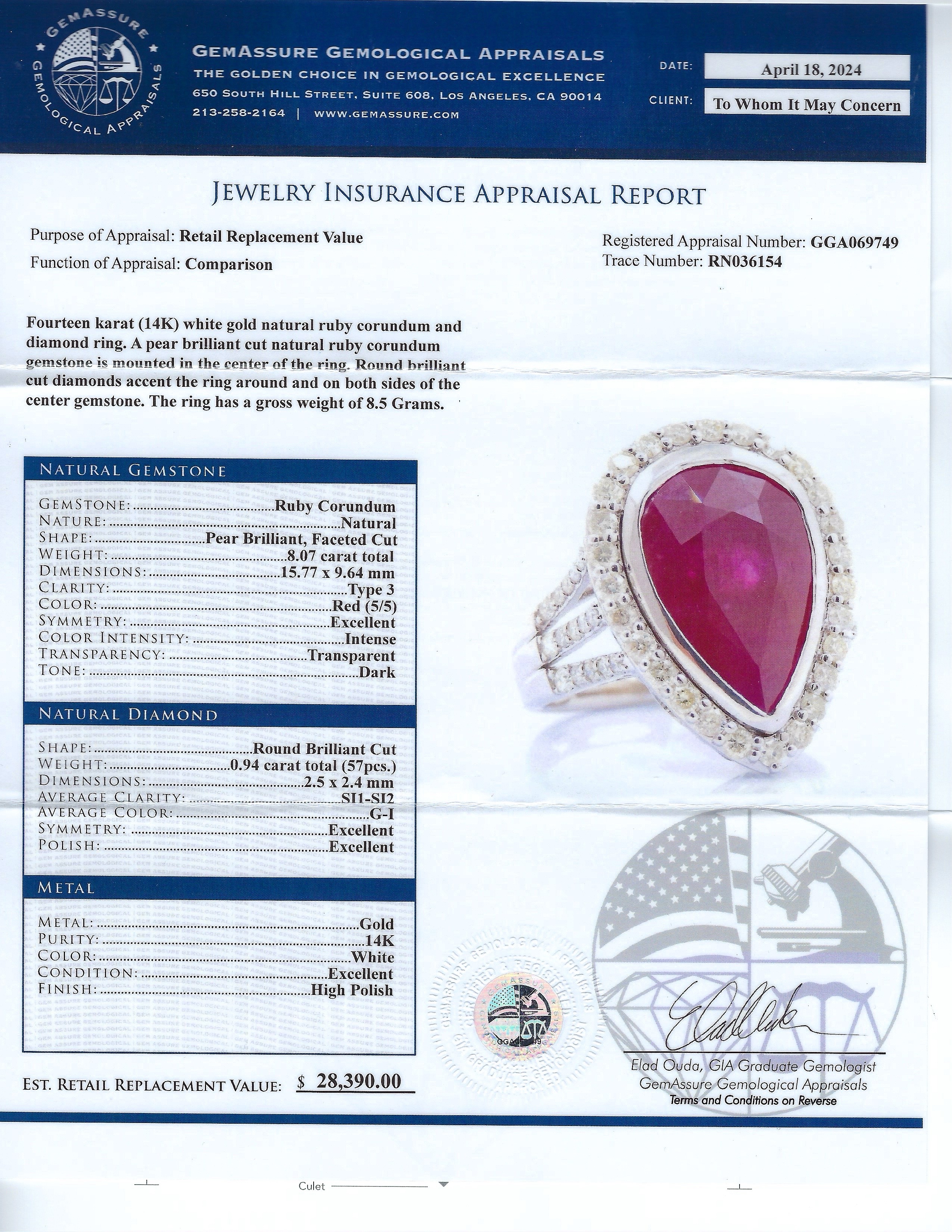8.07ct Ruby and 0.94ctw Diamond 14K White Gold Ring (Vault_R65) - Image 4
