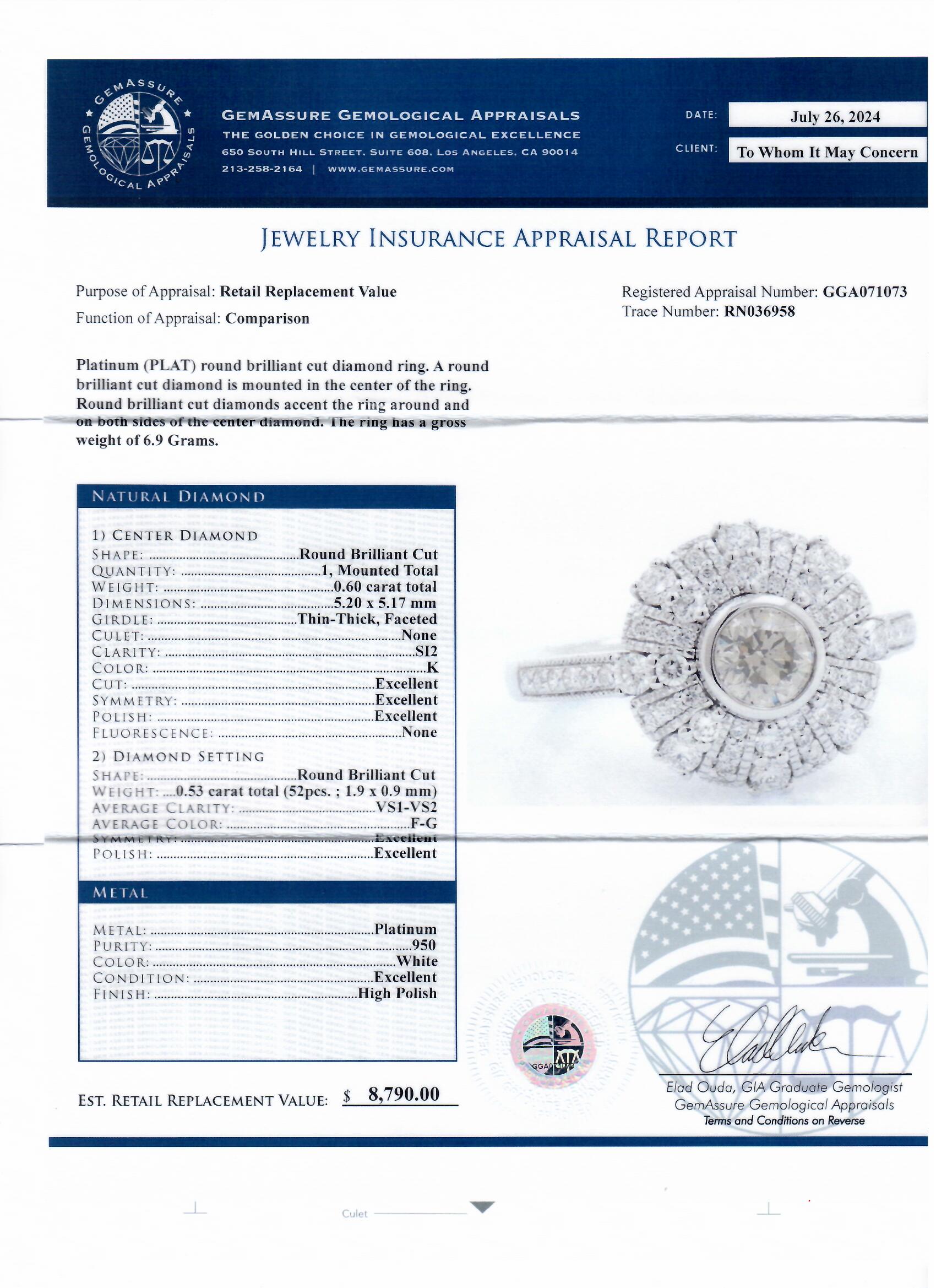 0.60ct K COLOR SI2 CLARITY CENTER Diamond Platinum Ring (1.13ctw Diamonds) (Vault_R65) - Image 4