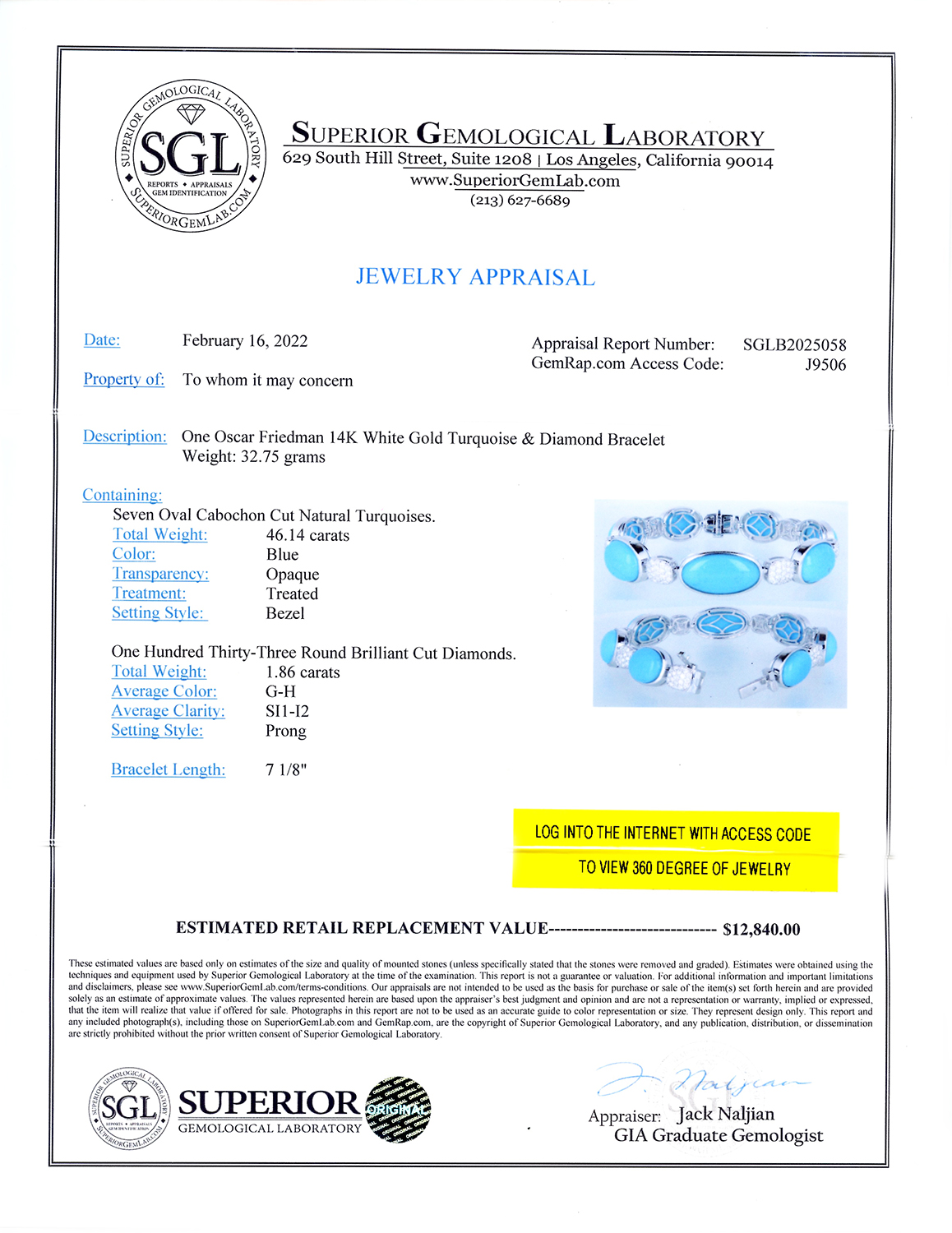 46.14ctw Turquoise and 1.86ctw Diamond 14K White Gold Bracelet (Vault_RR04) - Image 4