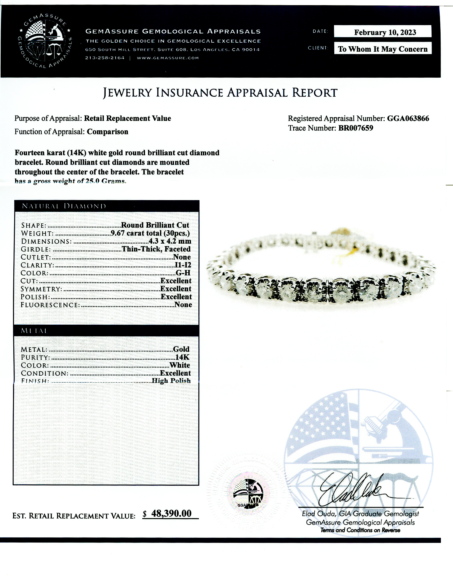 9.67ctw Diamond 14K White Gold Tennis Bracelet (Vault_RR04) - Image 4
