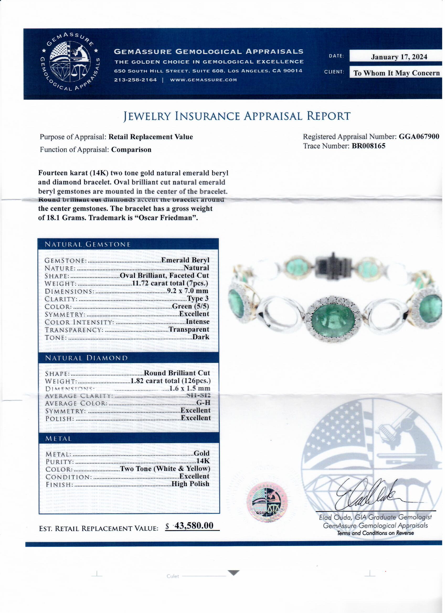 11.72ctw Emerald and 1.82ctw Diamond 14K White and Yellow Gold Bracelet (Vault_RR04) - Image 4