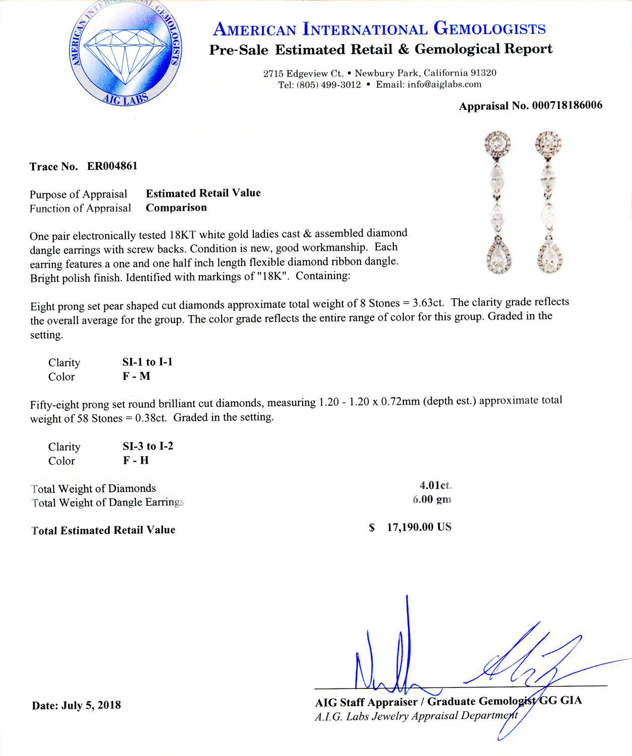 4.01ctw Diamond 18K White Gold Dangle Earrings (Vault_RR04) - Image 5
