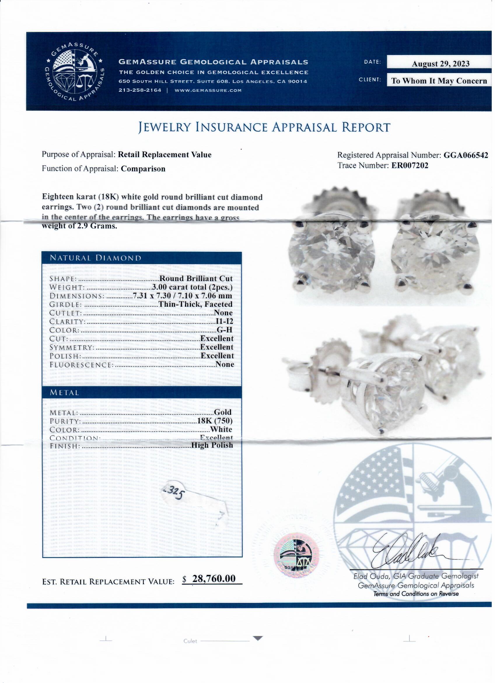 3.00ctw Diamond 18K White Gold Stud Earrings (Vault_RR04) - Image 4