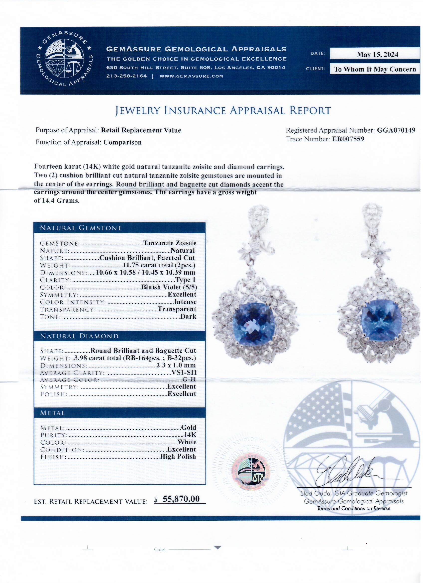 11.75ctw Tanzanite and 3.98ctw Diamond 14K White Gold Dangle Earrings (Vault_RR04) - Image 4