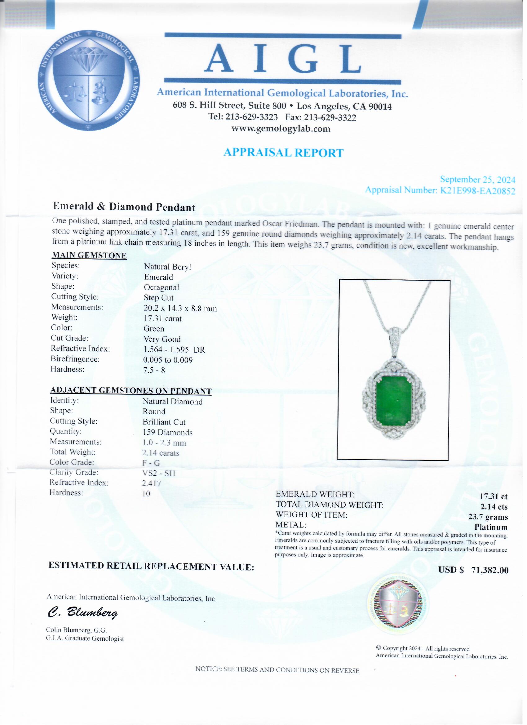 17.31ct Emerald and 2.14ctw Diamond Platinum Pendant (Vault_RR04) - Image 4