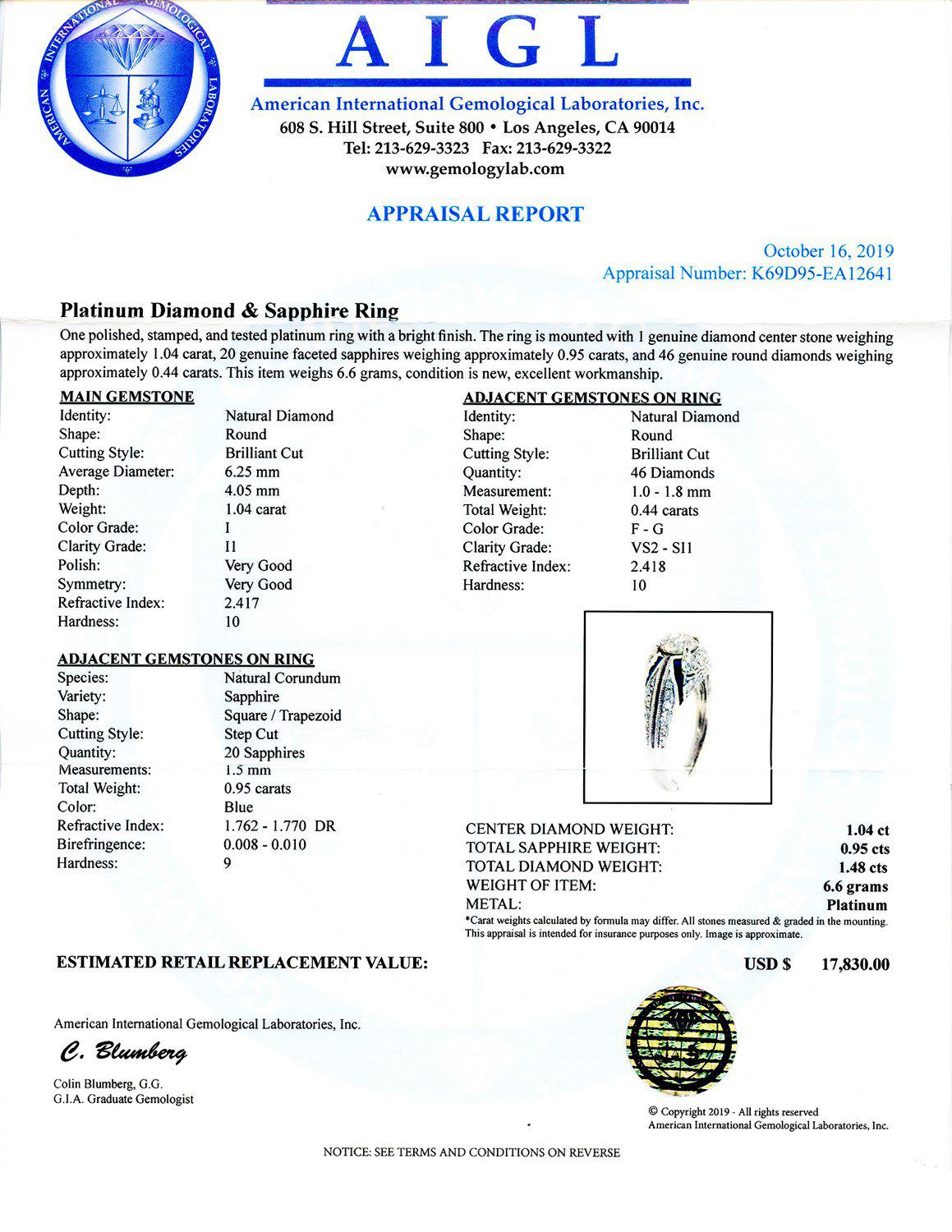 1.04ct CENTER Diamond and 0.95ctw Blue Sapphire Platinum Ring (1.48ctw Diamonds) (Vault_RR04) - Image 3