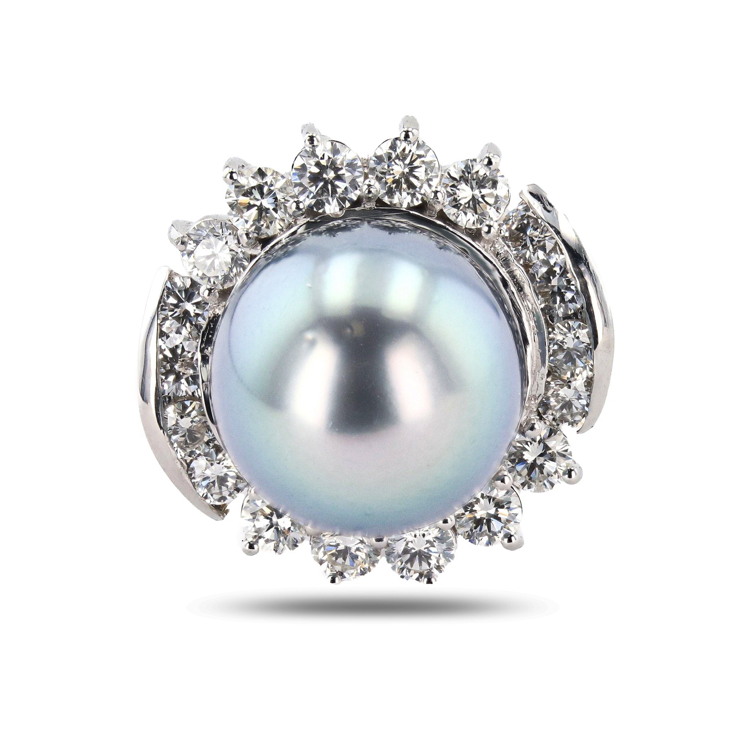 14mm Tahitian Cultured Pearl and 1.80ctw Diamond 18K White Gold Ring (GIA CERTIFIED) (Vault_RR04)