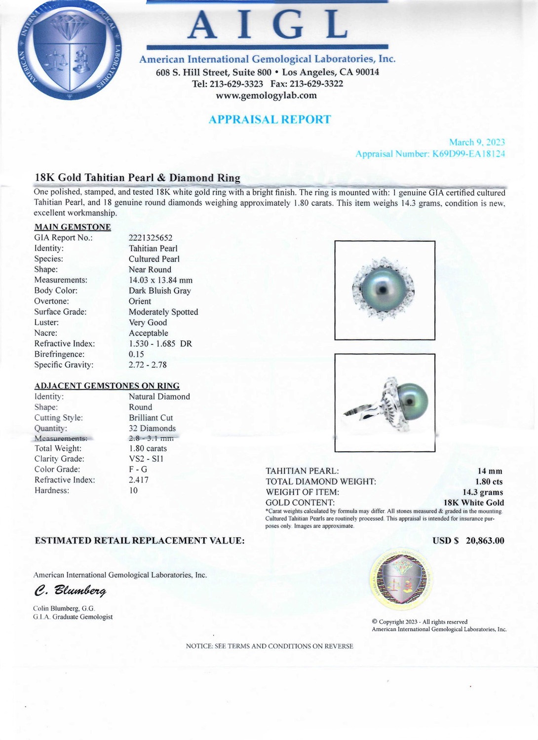 14mm Tahitian Cultured Pearl and 1.80ctw Diamond 18K White Gold Ring (GIA CERTIFIED) (Vault_RR04) - Image 4