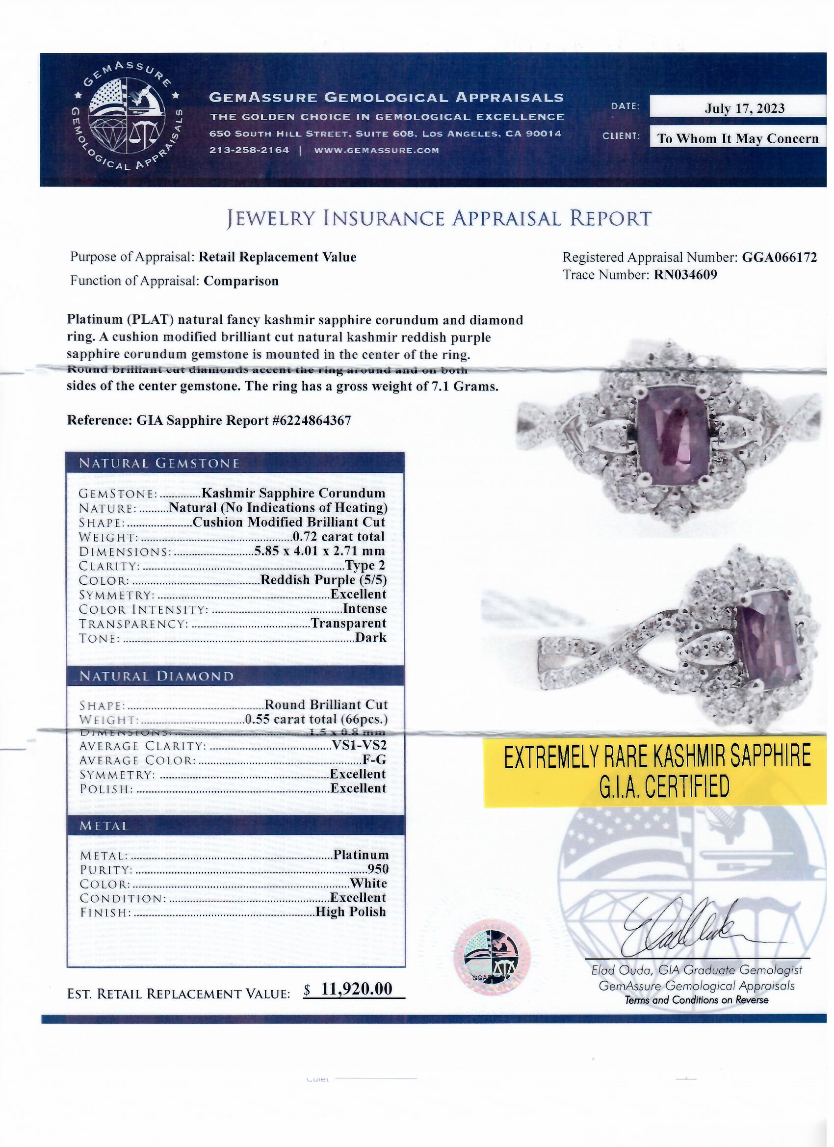 0.72ct UNHEATED Reddish Purple KASHMIR Sapphire and 0.55ctw Diamond Platinum Ring (GIA CERTIFIED) (Vault_RR04) - Image 4