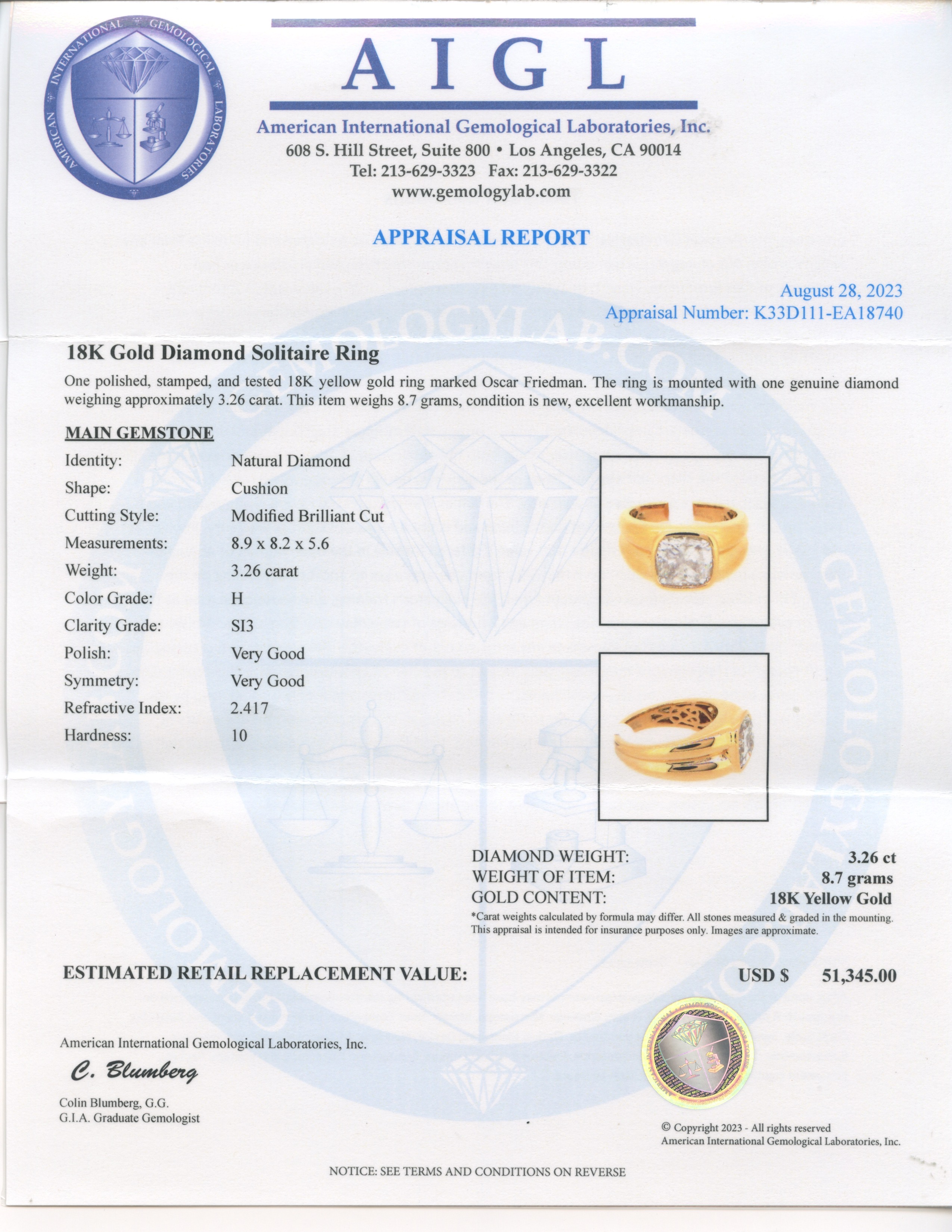 3.26ct SI3 CLARITY H COLOR CENTER Diamond 18K Yellow Gold Ring (Vault_RR04) - Image 4