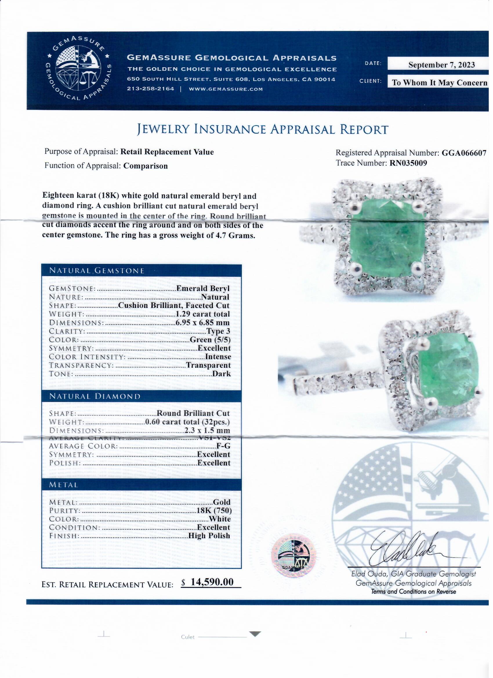 1.29ct Emerald and 0.60ctw Diamond 18K White Gold Ring (Vault_RR04) - Image 4