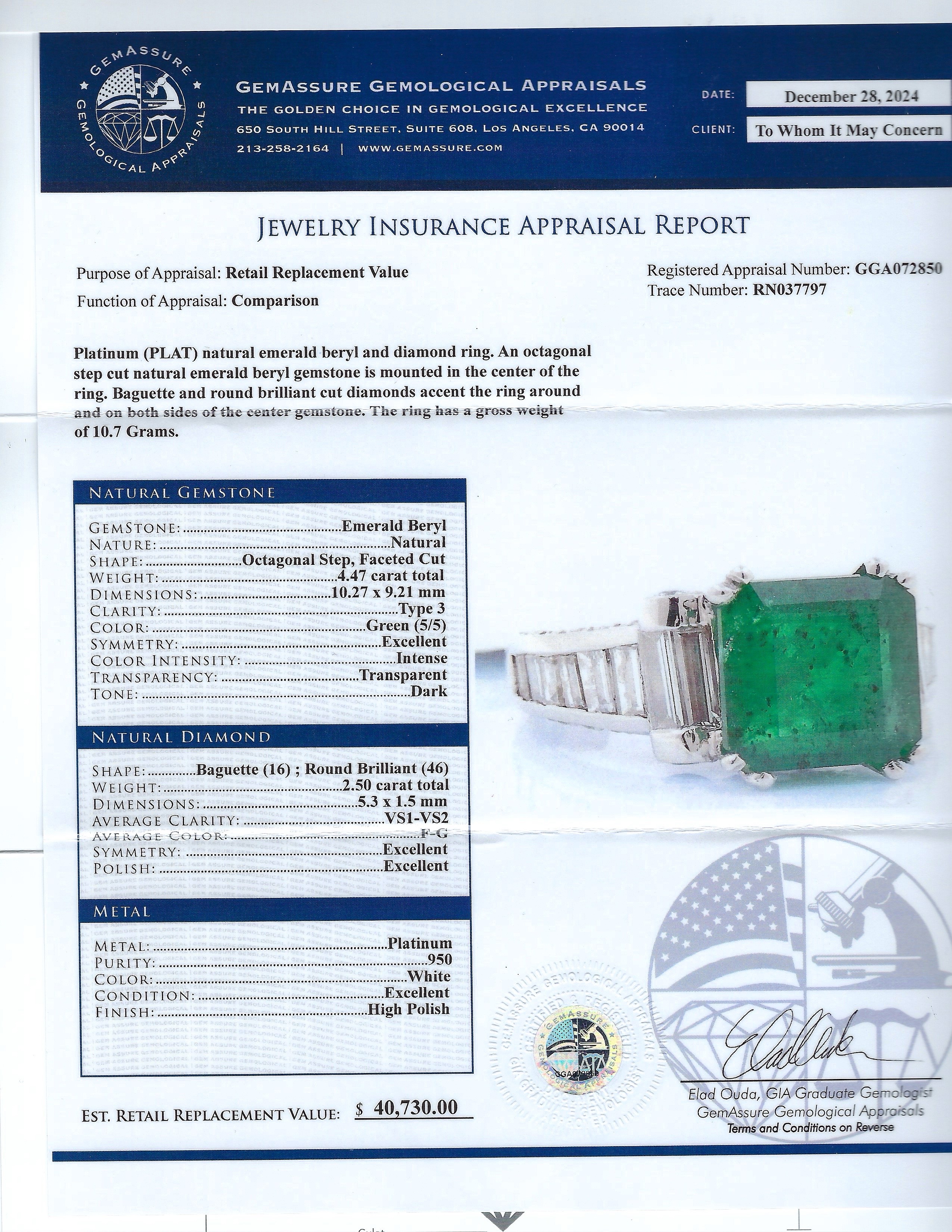 4.47ct Emerald and 2.50ctw Diamond Platinum Ring (Vault_RR04) - Image 4