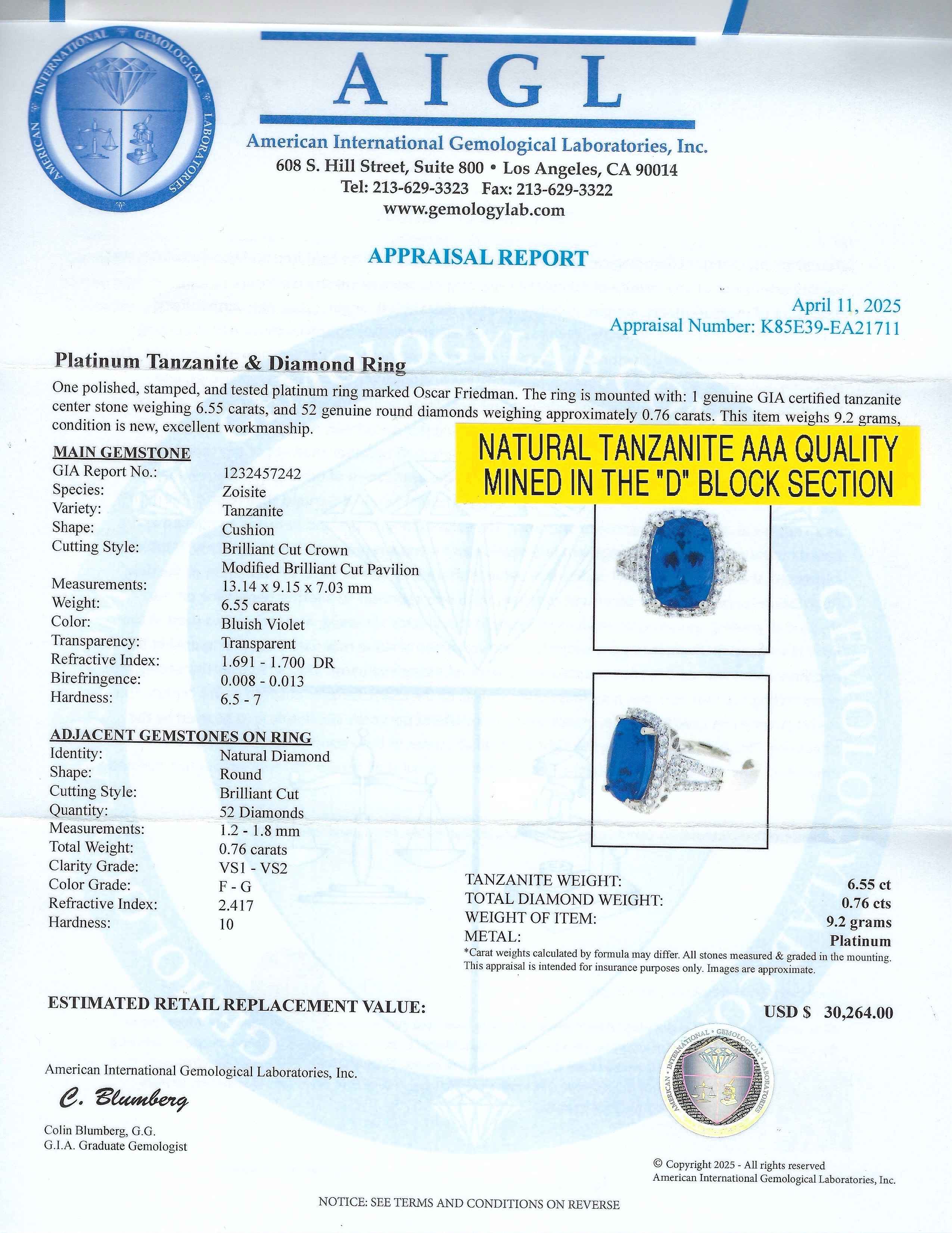 6.55ct Tanzanite and 0.76ctw Diamond Platinum Ring (GIA CERTIFIED) (Vault_RR04) - Image 4