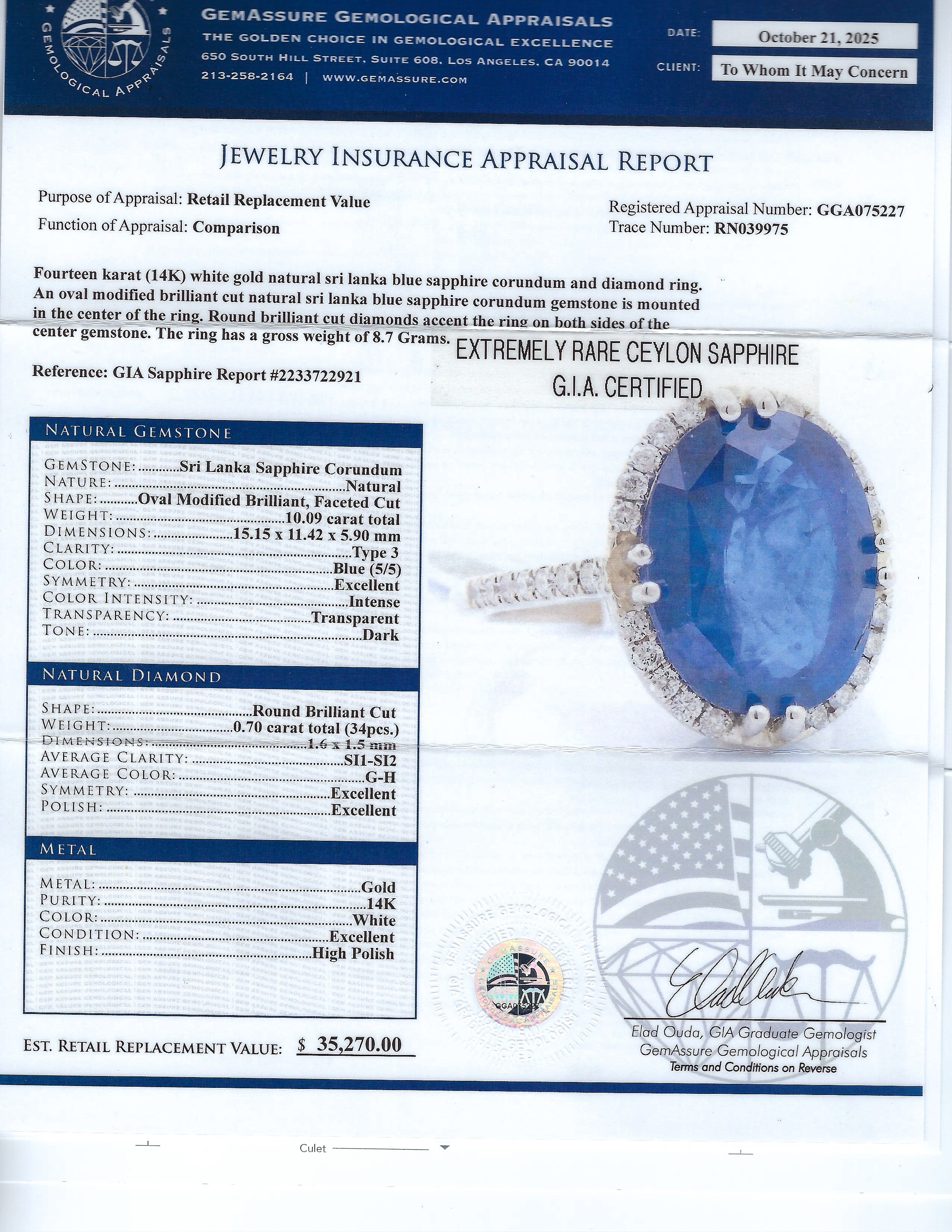10.09ct Blue CEYLON Sapphire and 0.70ctw Diamond 14K White Gold Ring (GIA CERTIFIED) (Vault_RR04) - Image 5