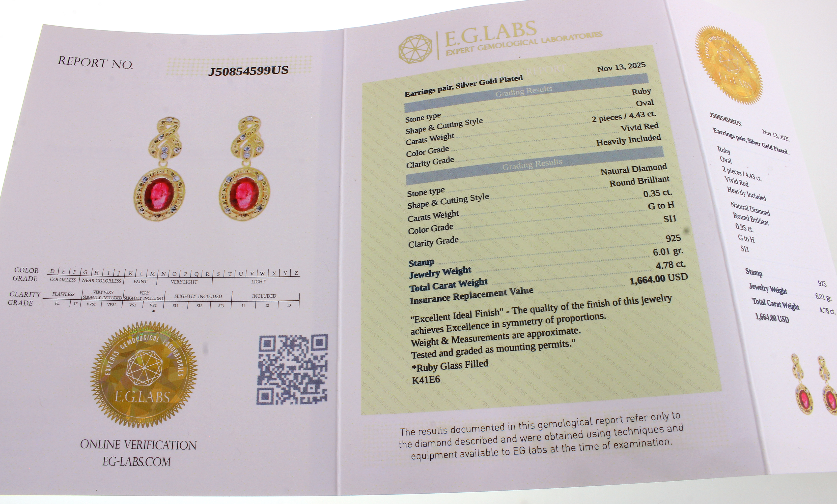 4.43CT Ruby and 0.35CT Diamond Sterling Silver Earrings (RM01) - Image 3