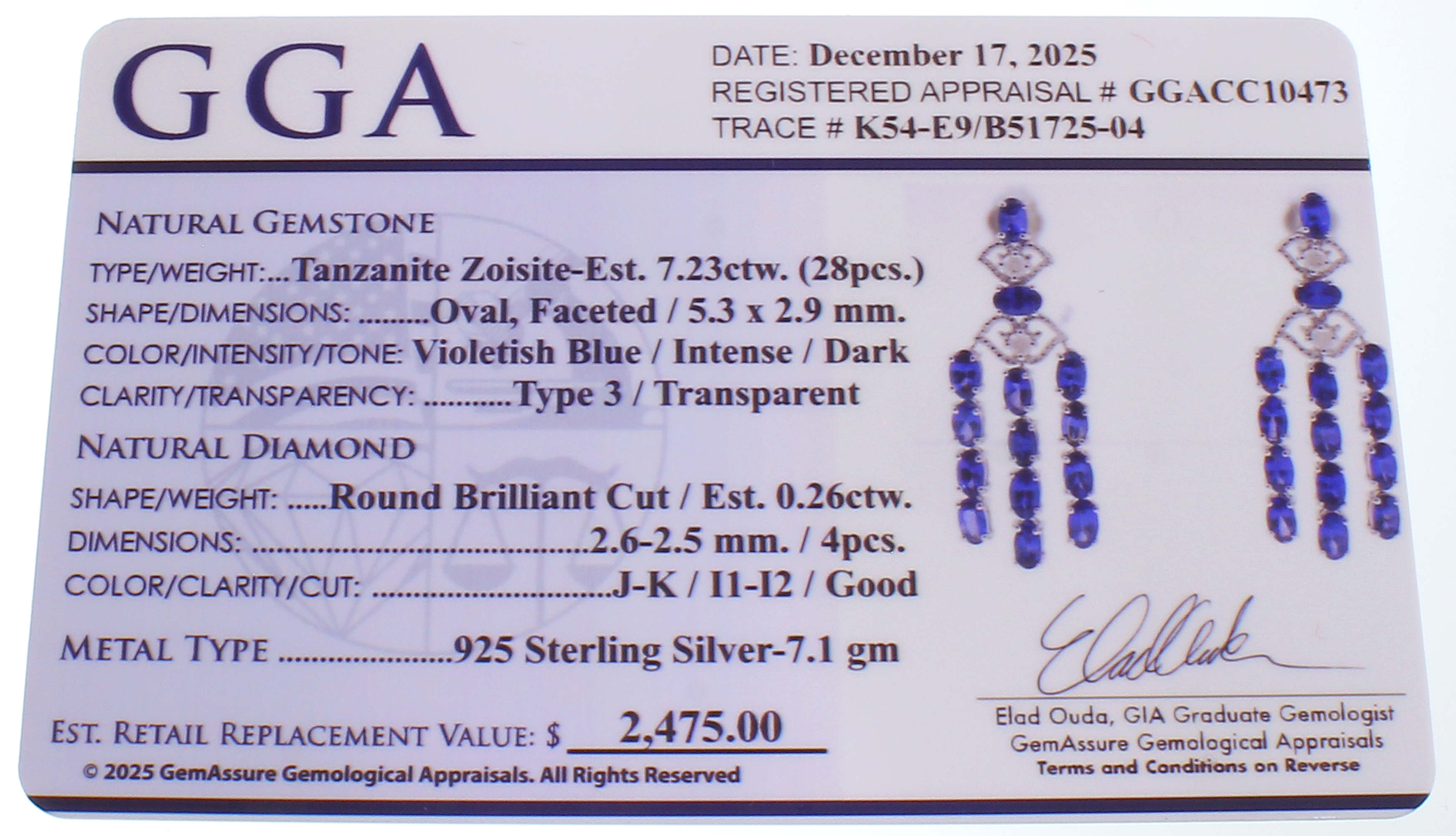 7.23CT Tanzanite and 0.26CT Diamond Sterling Silver Earrings (RM01) - Image 3