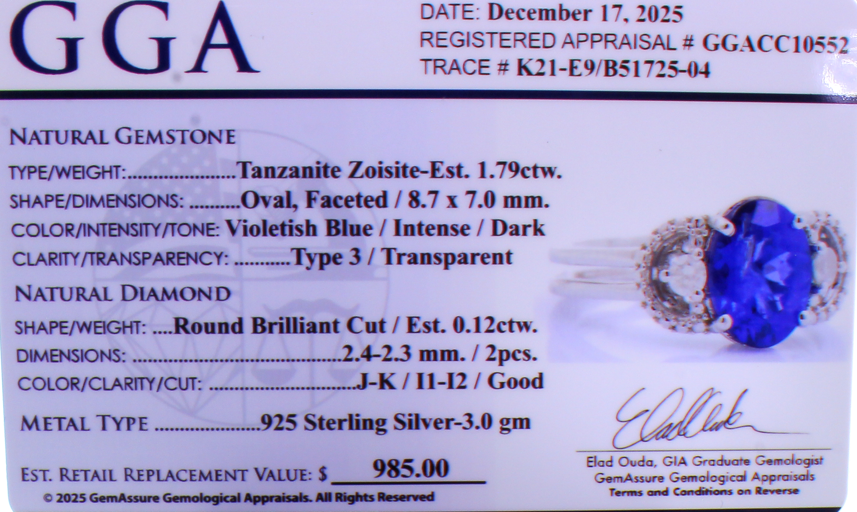 1.79CT Tanzanite and 0.12CT Diamond Sterling Silver Ring (RM01) - Image 5