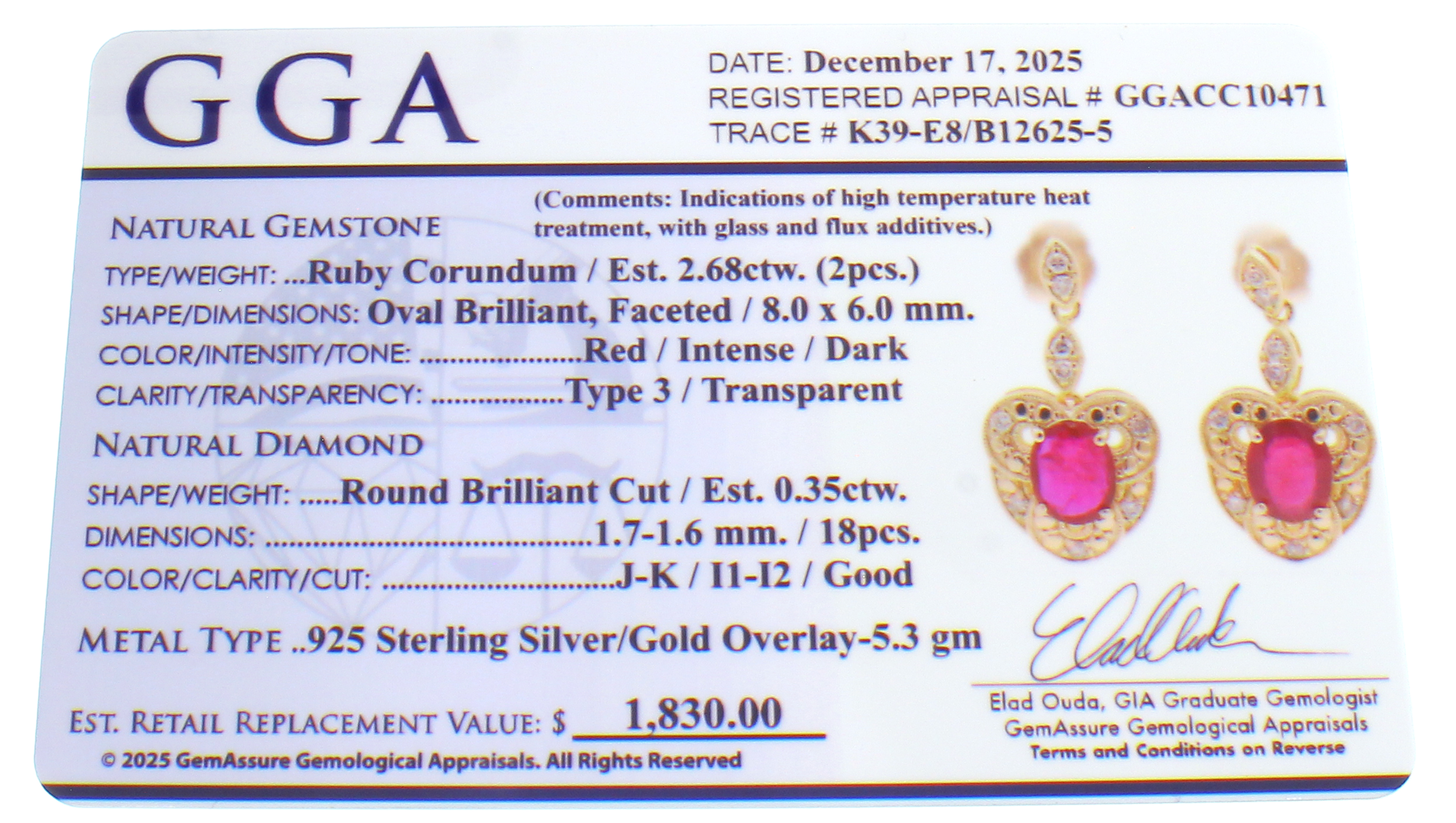 2.68CT Ruby and 0.35CT Diamond Sterling Silver Earrings (RM01) - Image 3