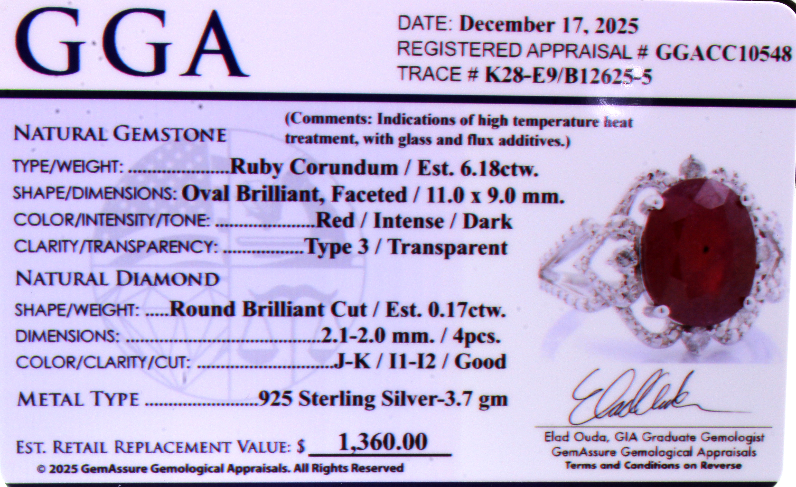 6.18CT Ruby and 0.17CT Diamond Sterling Silver Ring (RM01) - Image 5