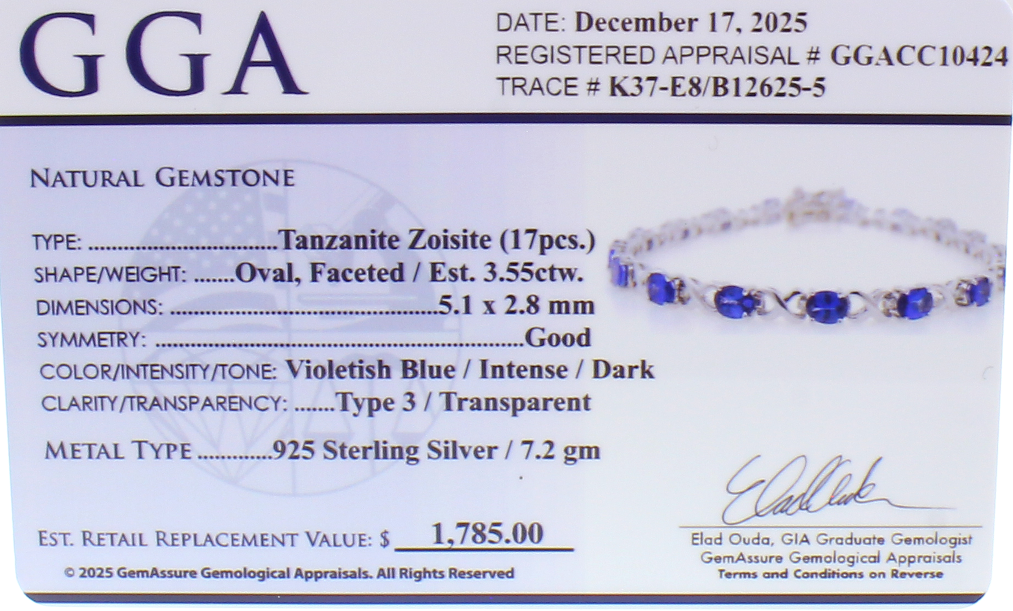 3.55CT Tanzanite Sterling Silver Bracelet (RM01) - Image 3