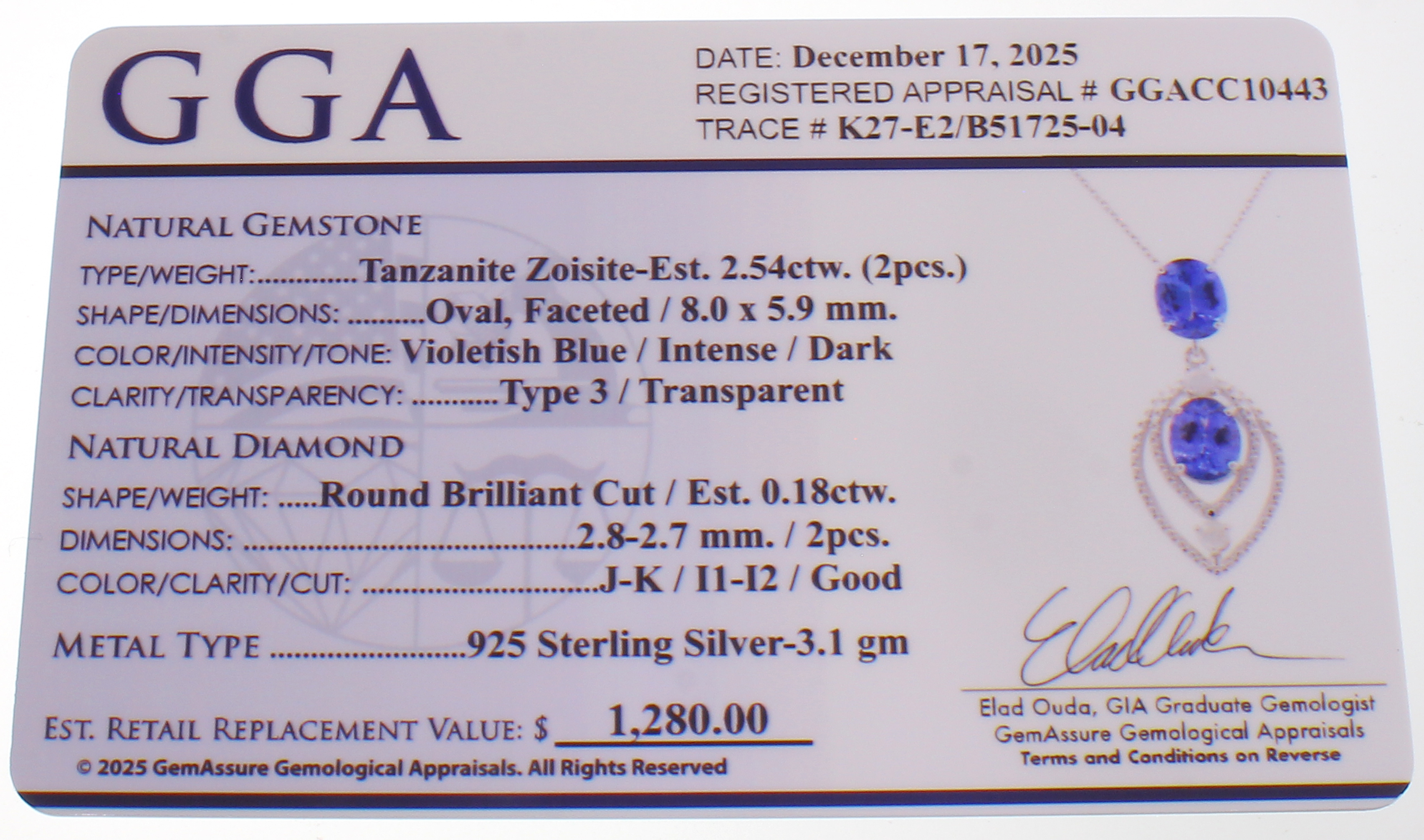 2.54CT Tanzanite and 0.18CT Diamond Sterling Silver Necklace (RM01) - Image 3