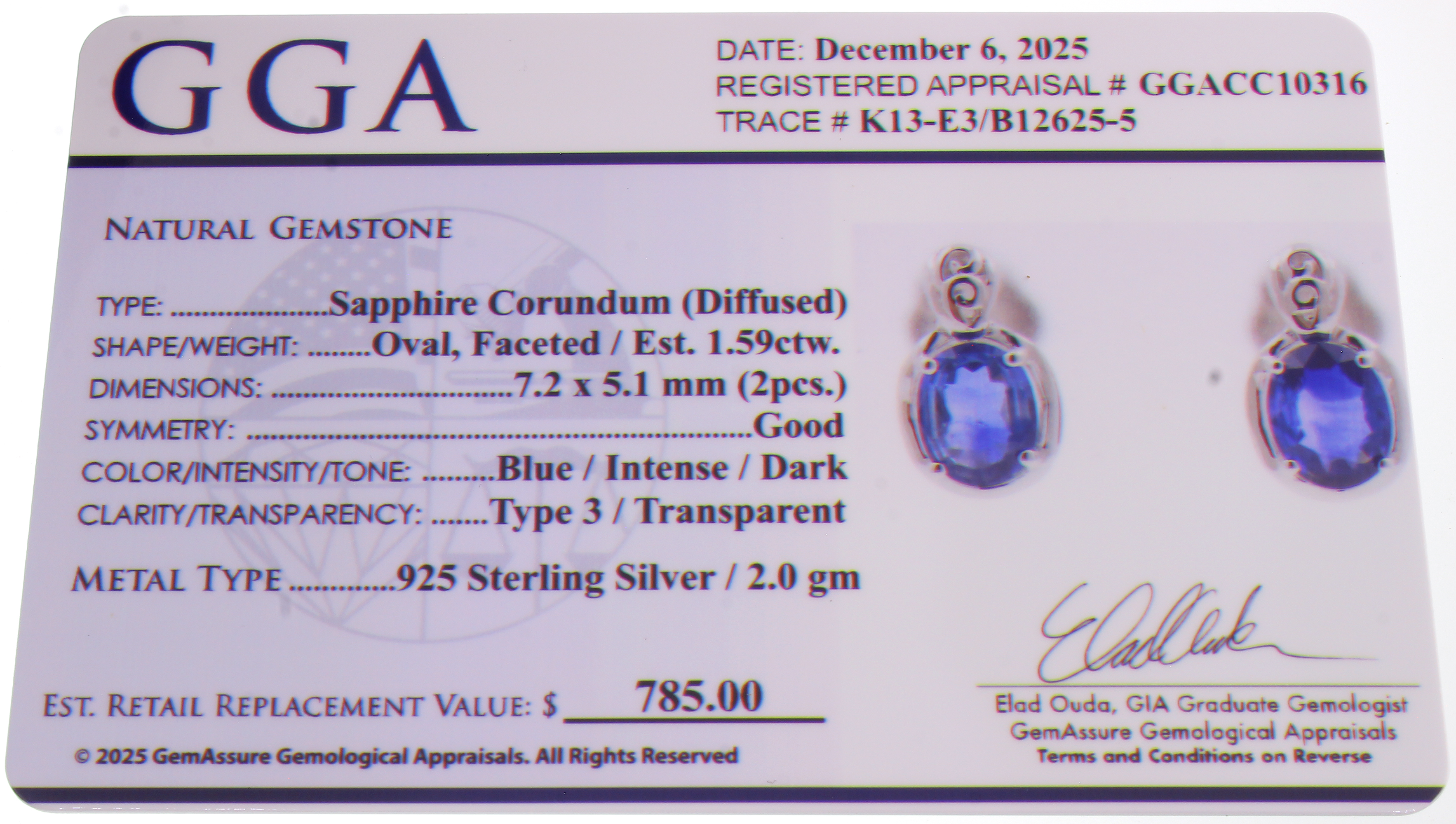 1.59CT Sapphire Sterling Silver Earrings (RM01) - Image 3